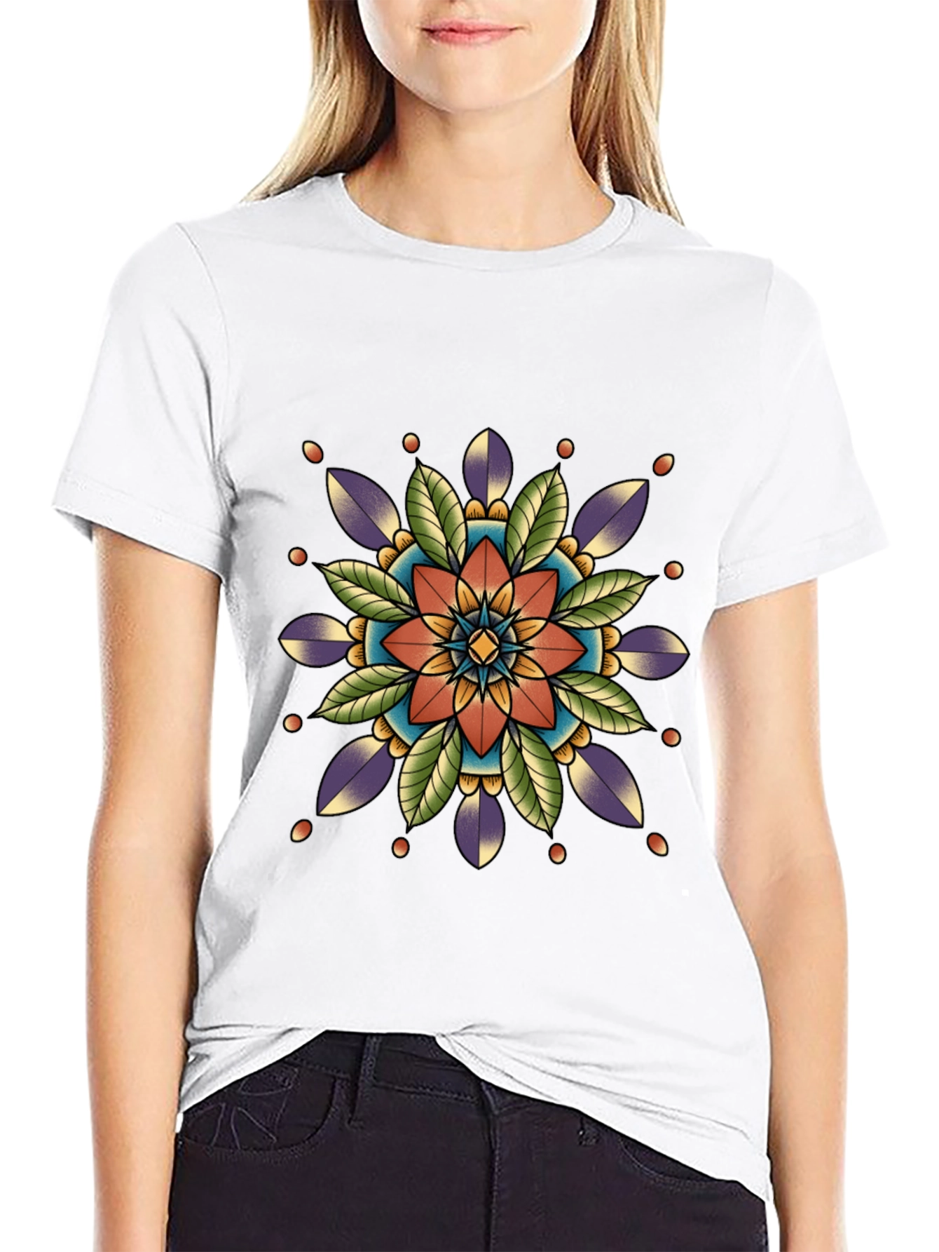Black Geometric Mandala Print Black T-Shirt view 9