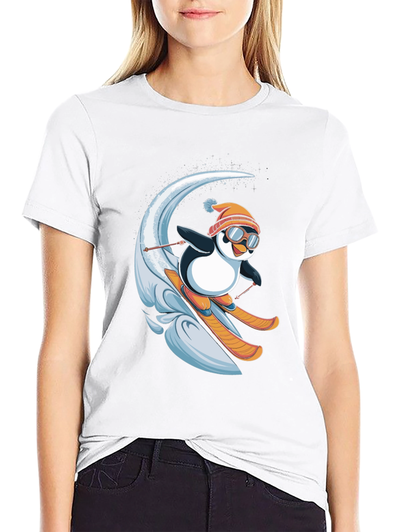 Black Skiing Penguin Graphic T-Shirt - Fun Winter Apparel view 9