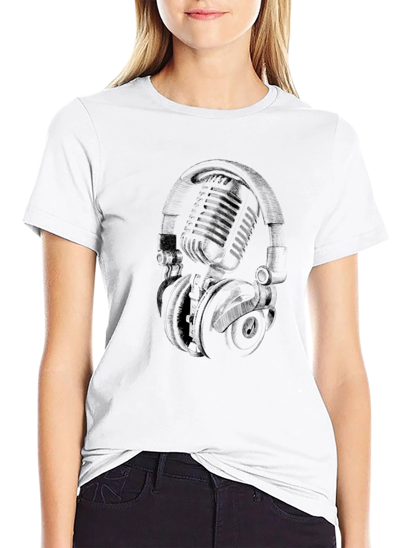 Black Retro Microphone & Headphones Graphic T-Shirt - Black view 9