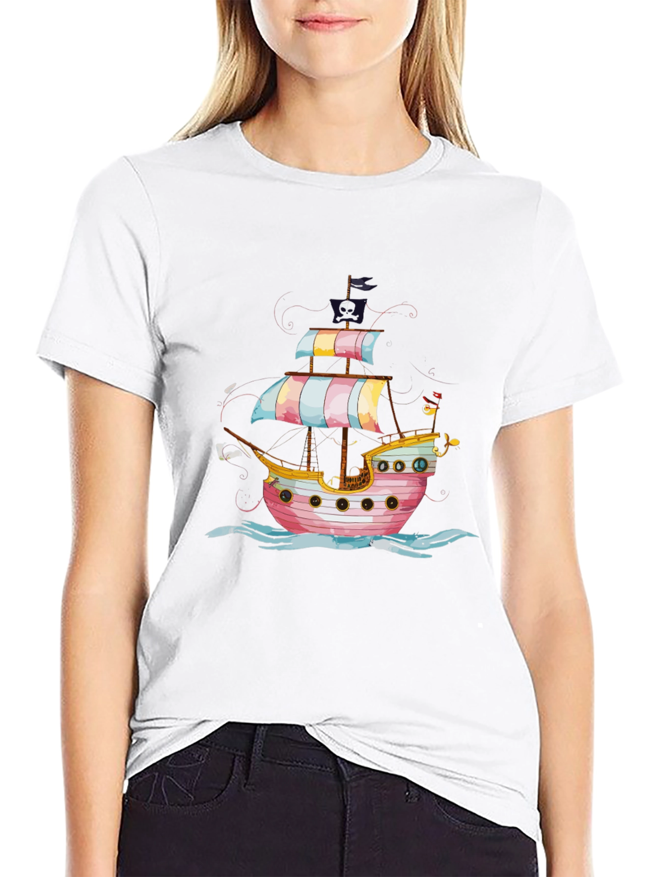 Black Pirate Ship Graphic Tee - Black Cotton T-Shirt view 9