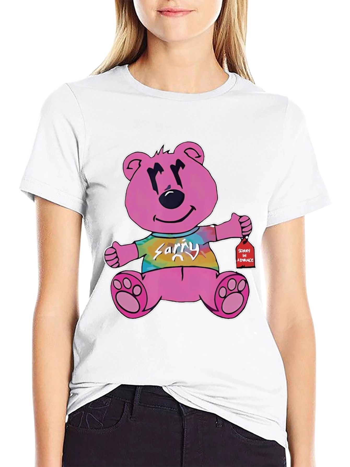 Black Novelty Graphic Tee: Pink Bear 'Sorry in Advance' view 9