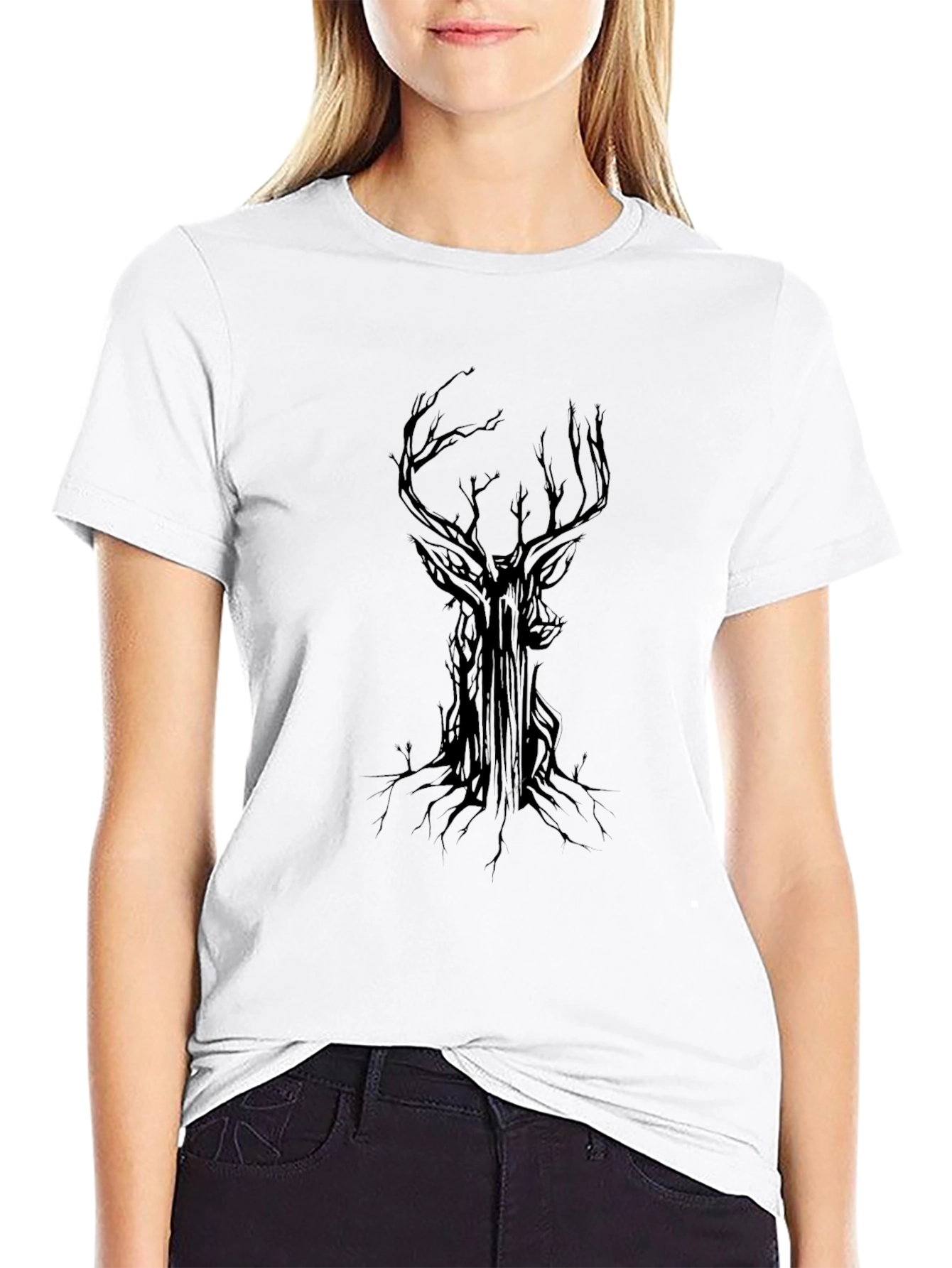 Black Men's Black T-Shirt with Stag Tree Graphic view 9
