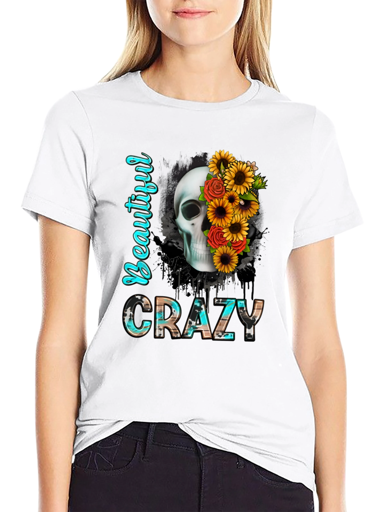 Black Beautiful Crazy Skull & Flowers Graphic Tee view 9