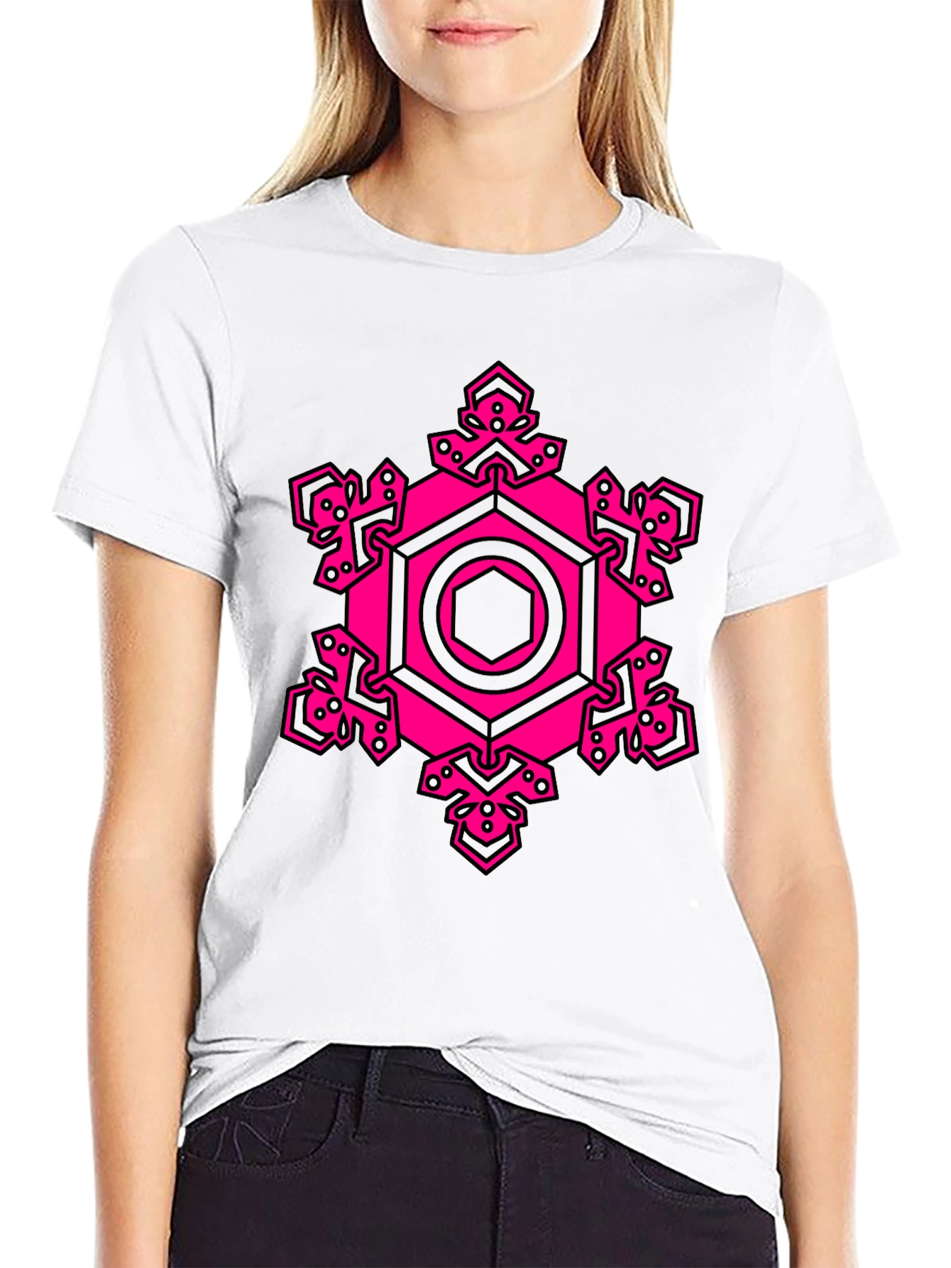 Black Geometric Pink Hexagon Graphic T-Shirt view 9