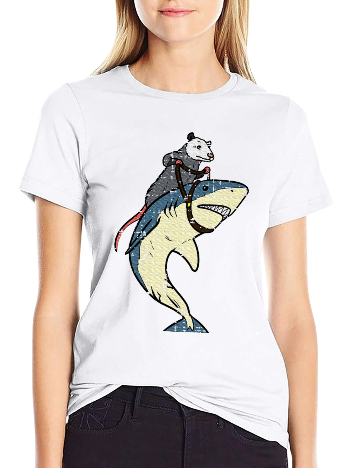 Black Opossum Riding Shark Graphic T-Shirt view 9