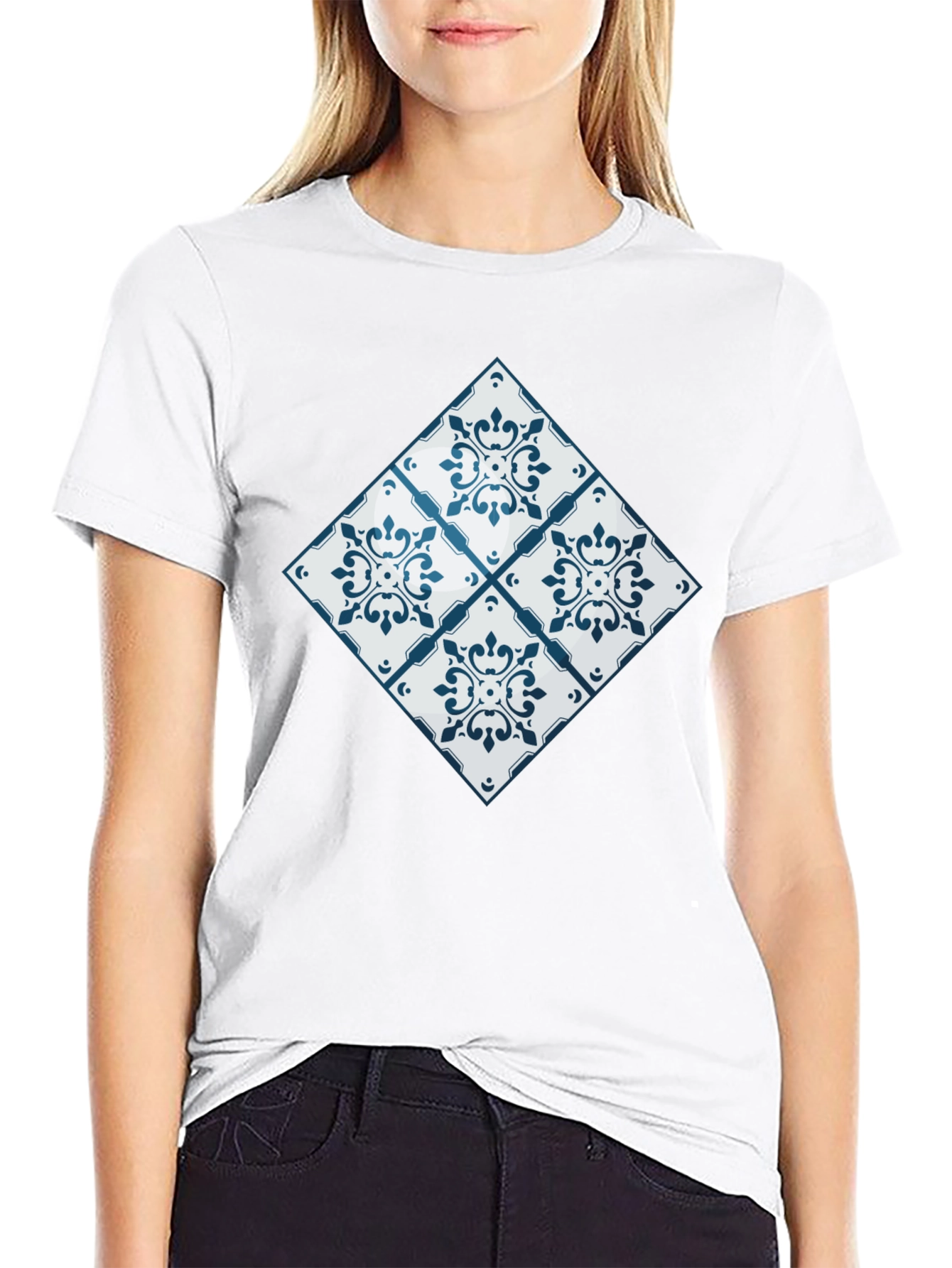 Black Azulejo Tile Pattern Black T-Shirt view 9