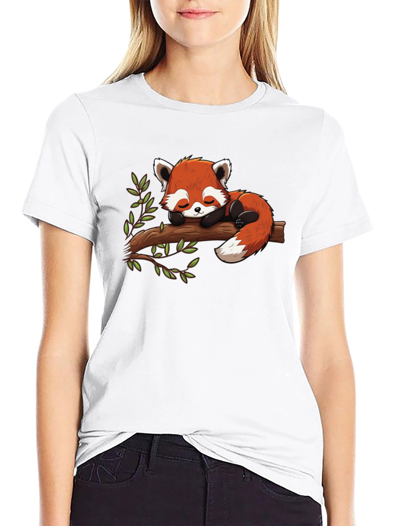 Black Cute Red Panda Napping on Branch Graphic Tee view 9