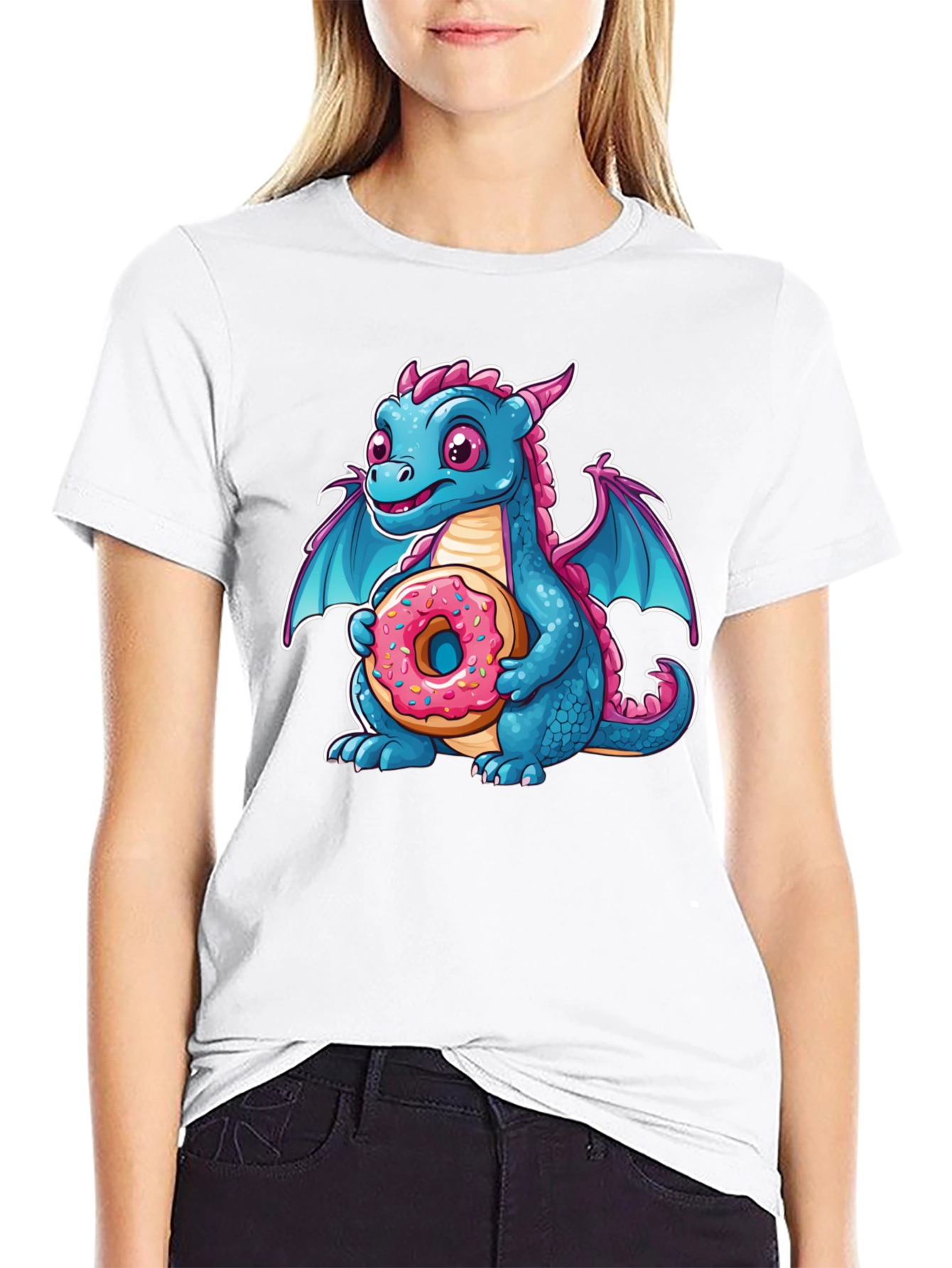 Black Cute Dragon Donut T-Shirt - Cartoon Graphic Tee view 9