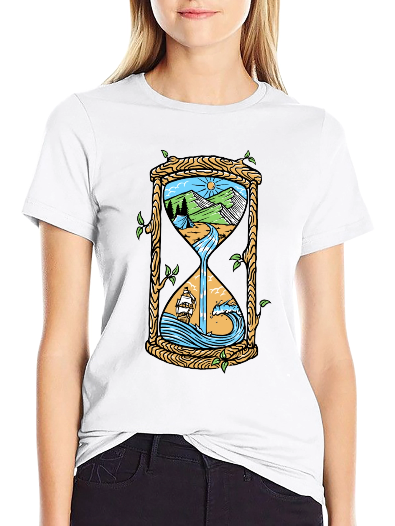 Black Nature Hourglass Graphic Tee - Unique Time Design Shirt view 9