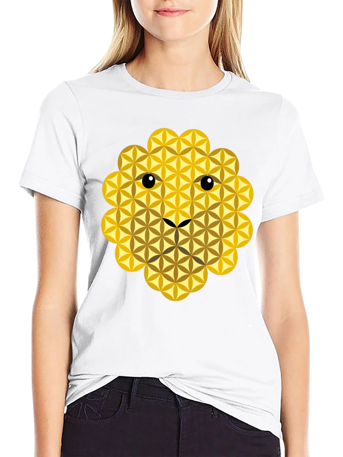 Black Geometric Flower of Life Lion Face Black T-Shirt view 9