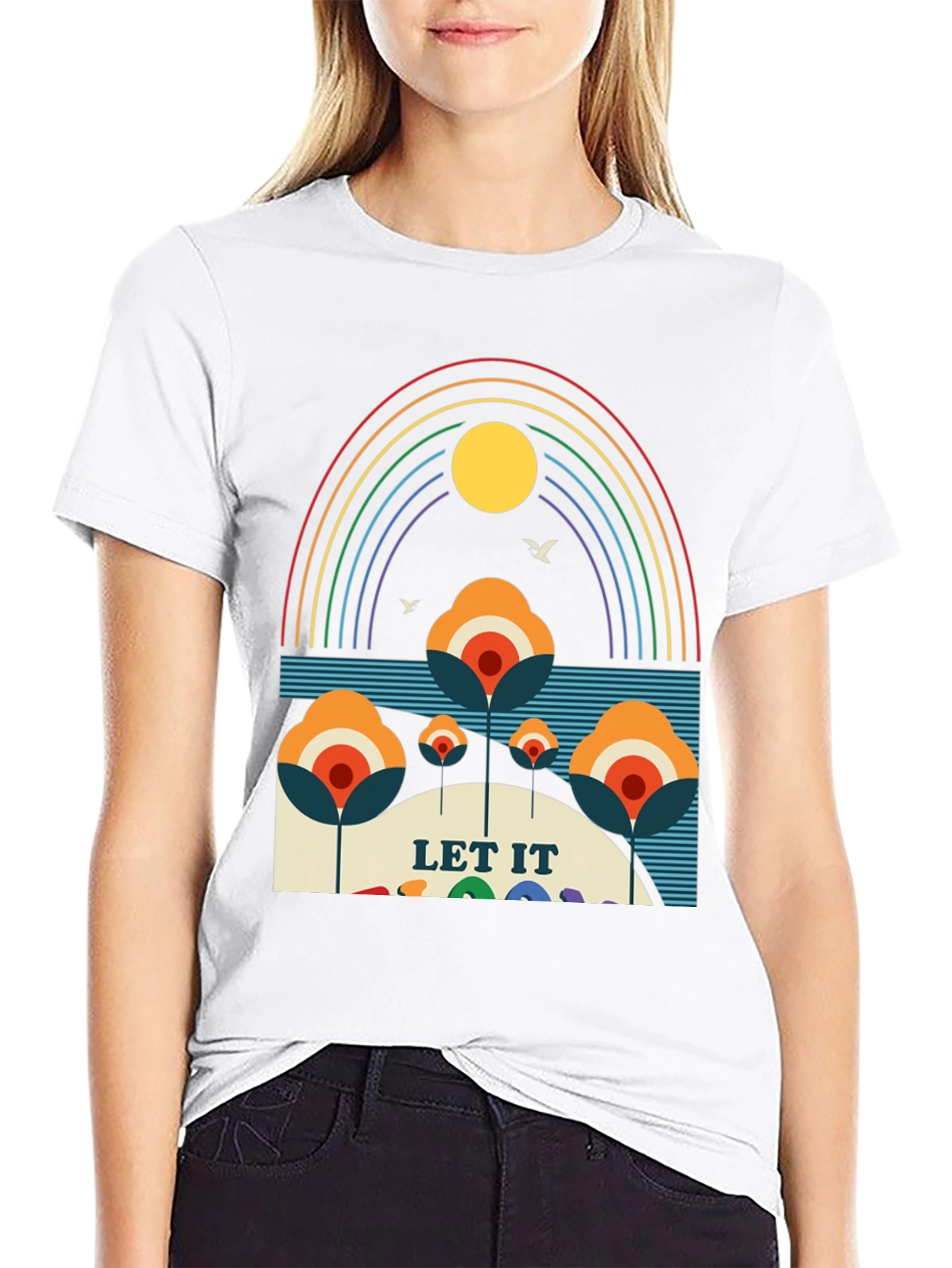 Black Retro "Let It Be" Rainbow Graphic Tee view 9