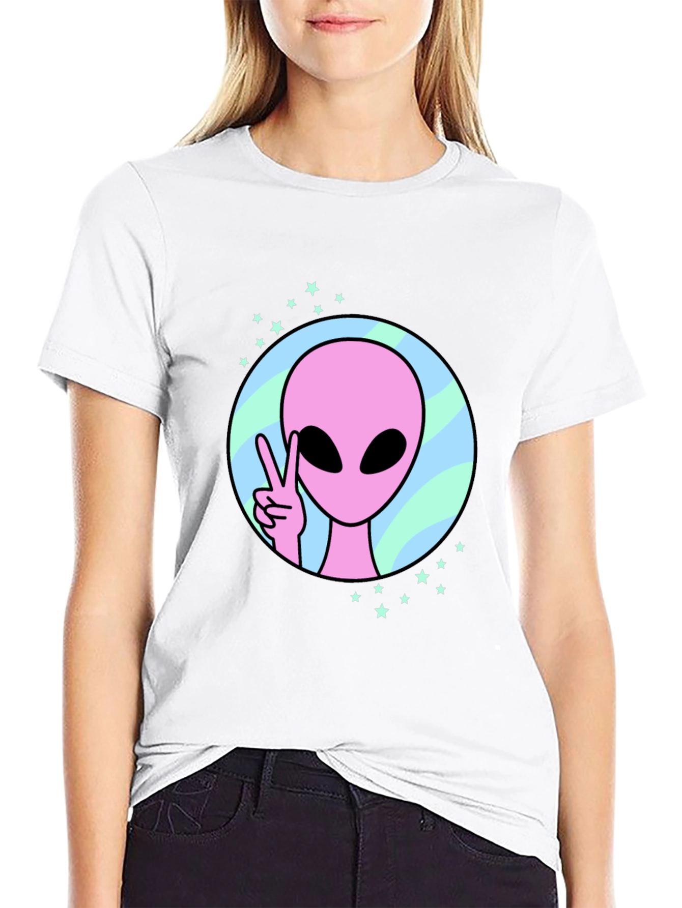 Black Peace Alien Graphic Tee - Black Cotton Shirt view 9