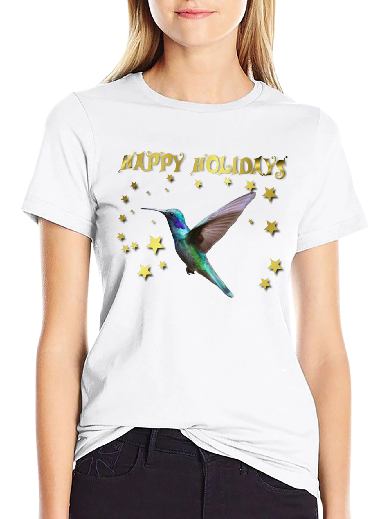 Black Happy Holidays Hummingbird Black T-Shirt view 9