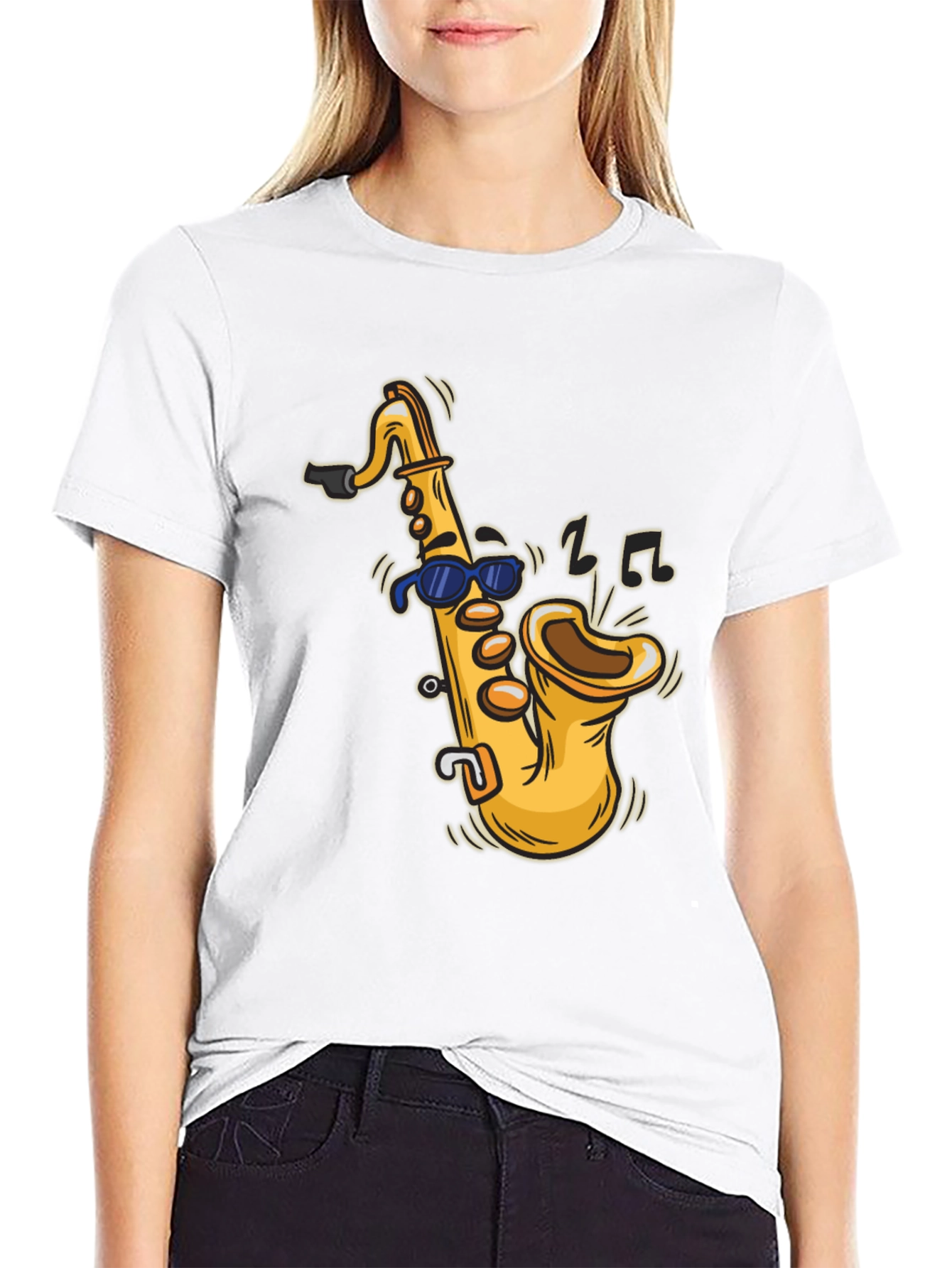 Black Cool Saxophone Cartoon Black T-Shirt view 9