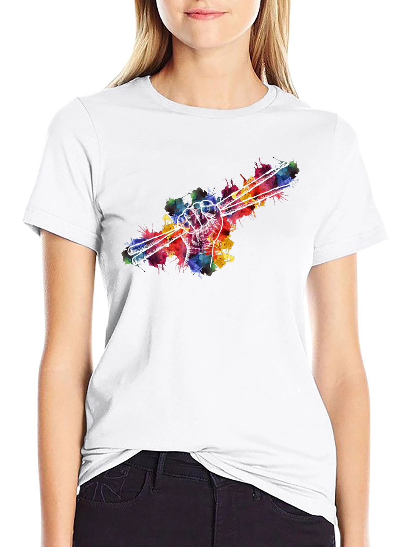 Black Drummer Hand Drumsticks Colorful T-Shirt view 9