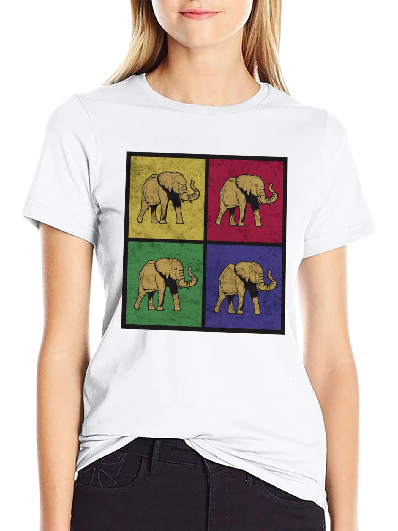 Black Retro Elephant Pop Art Print T-Shirt - Black view 9