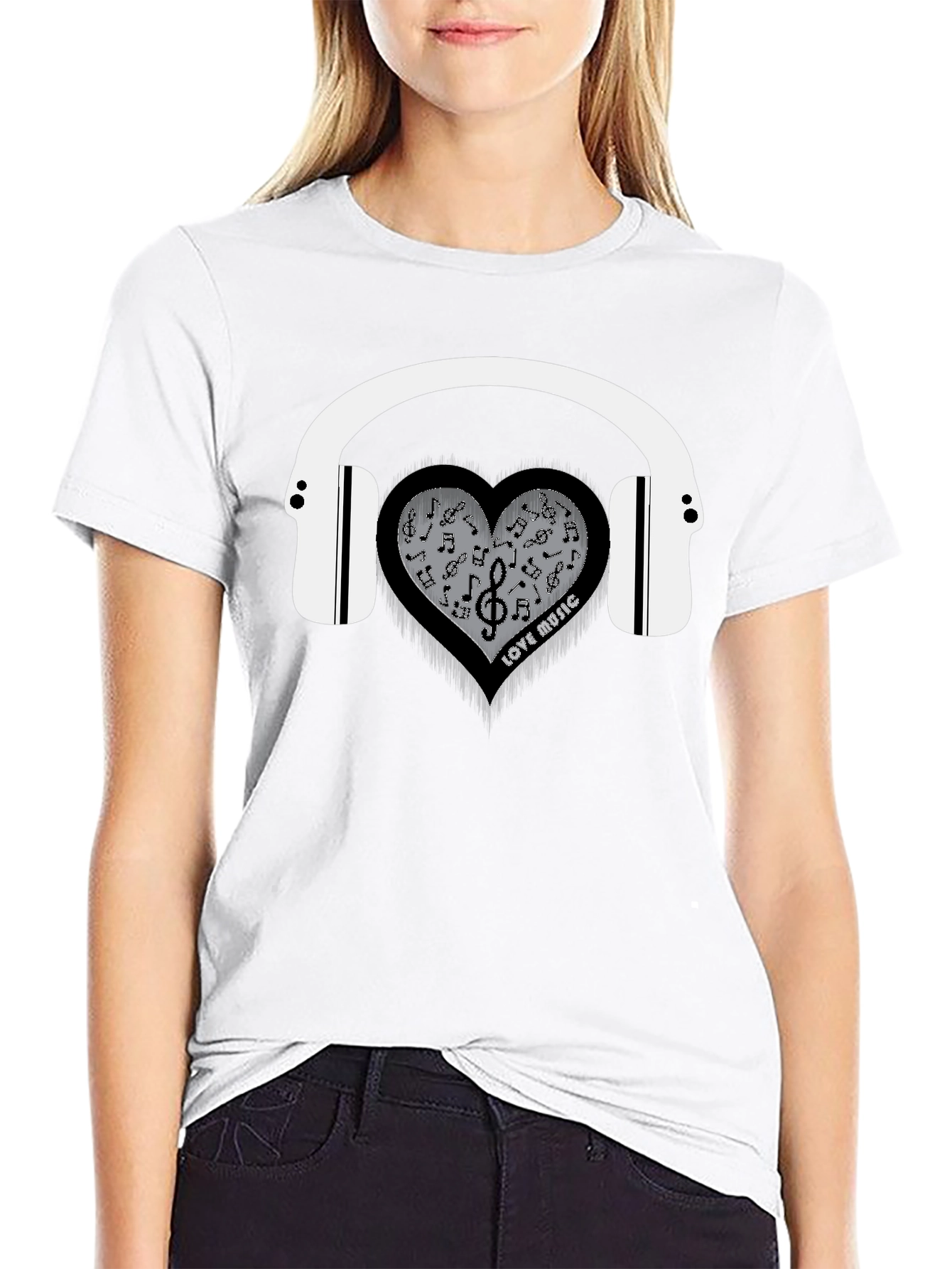 Black Love Music Heart Headphones Graphic T-Shirt view 9