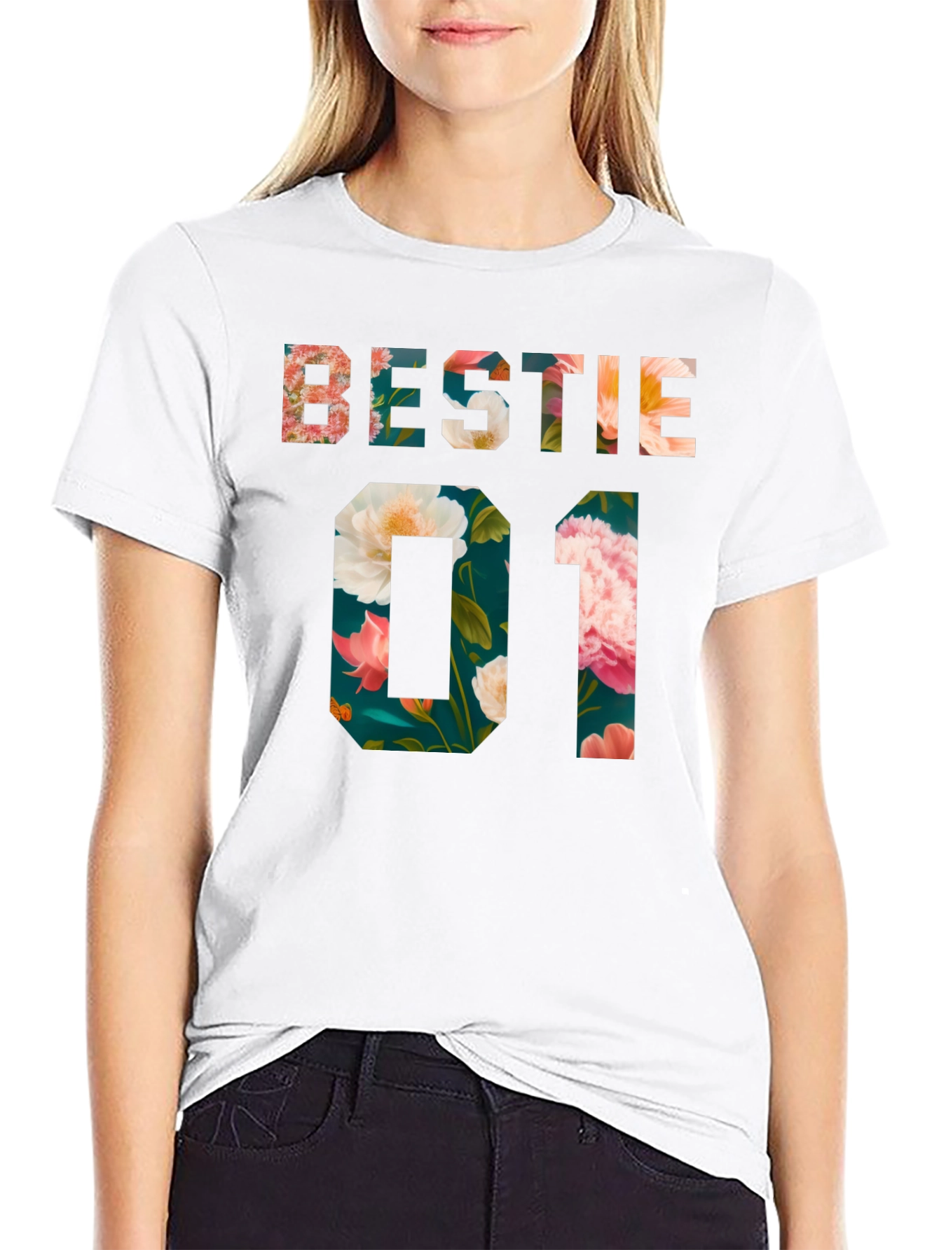 Black Floral Bestie 01 Black T-Shirt view 9
