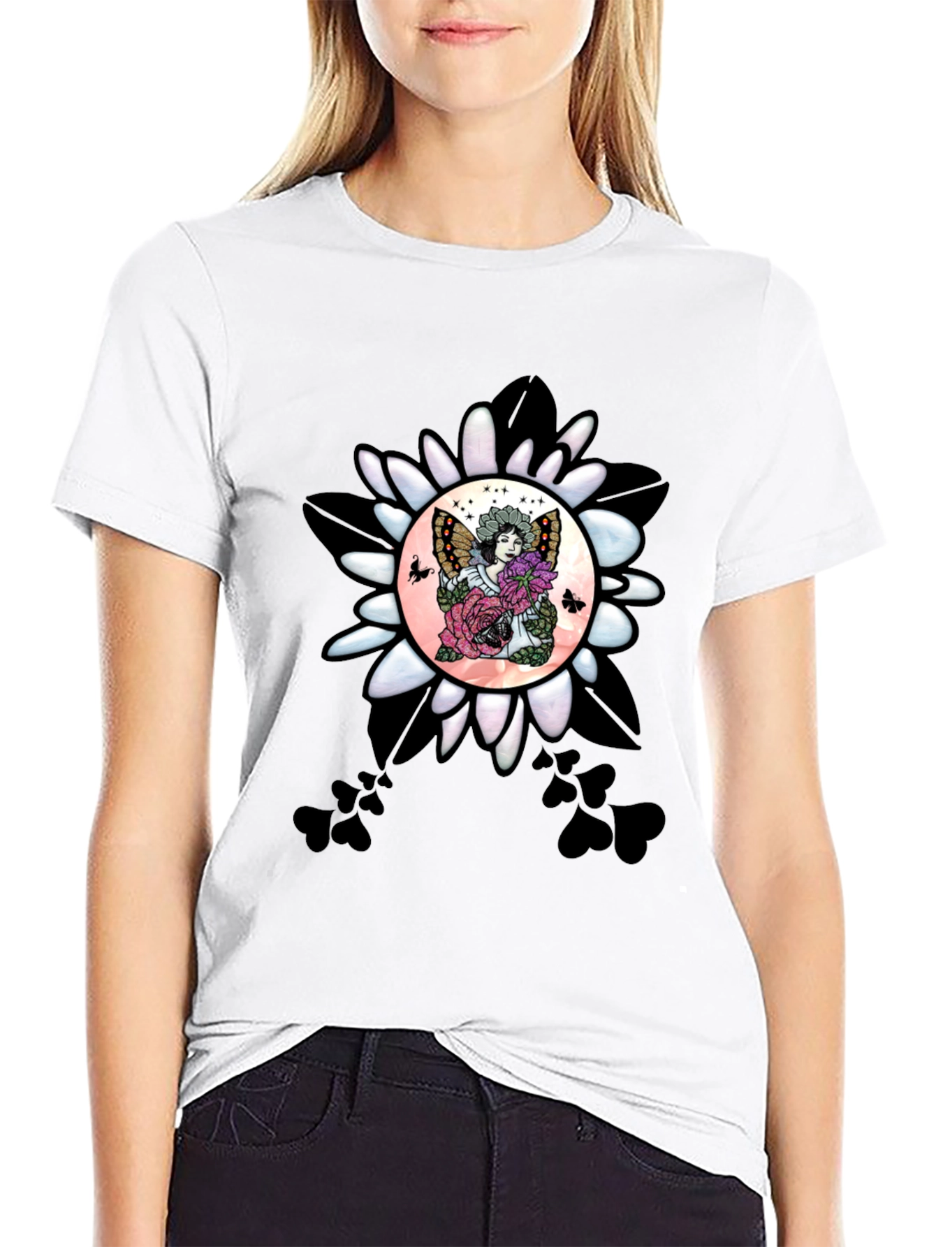 Black Floral Fairy Graphic T-Shirt - Unique Design view 9