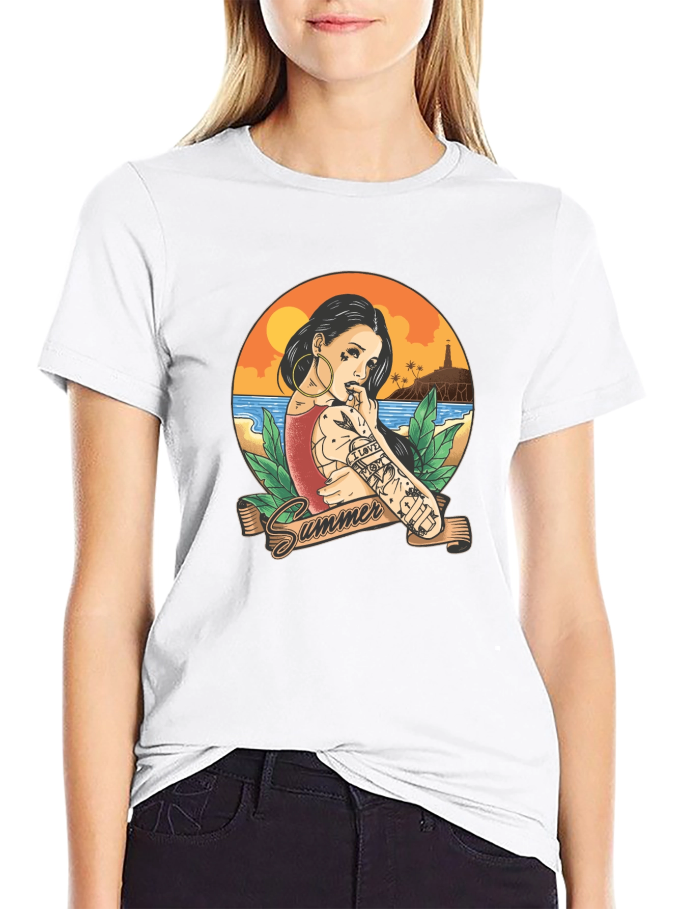Summer Tattoo Girl Graphic T-Shirt - Black - 9