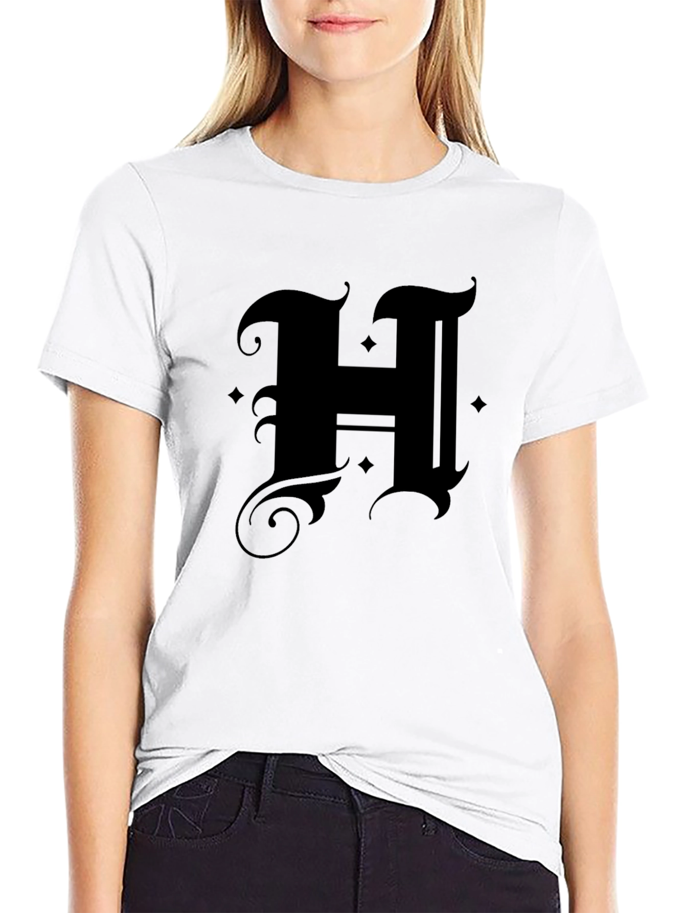 Black Gothic Initial "H" Black T-Shirt view 9