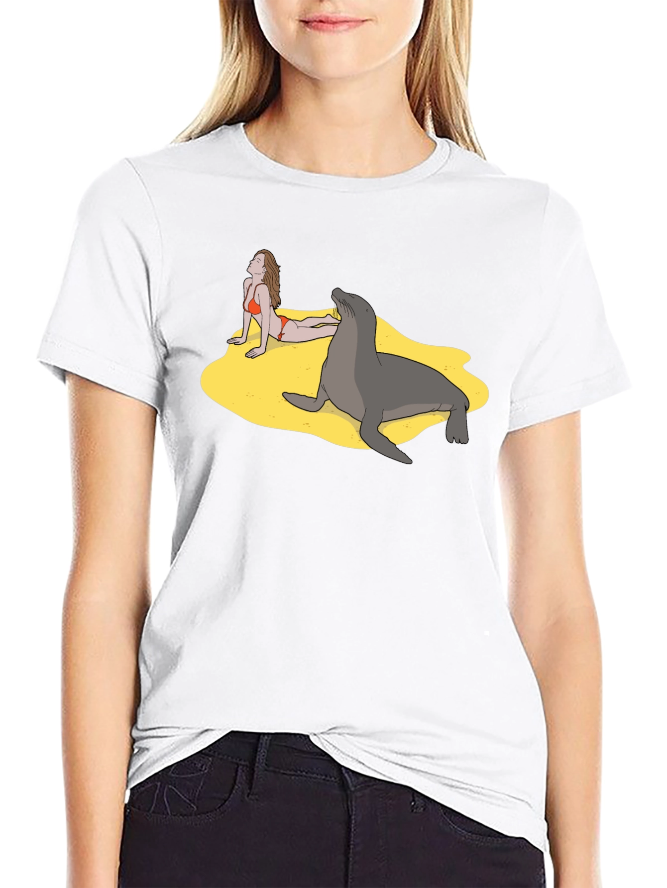 Black Funny Beach T-Shirt with Woman and Seal view 9