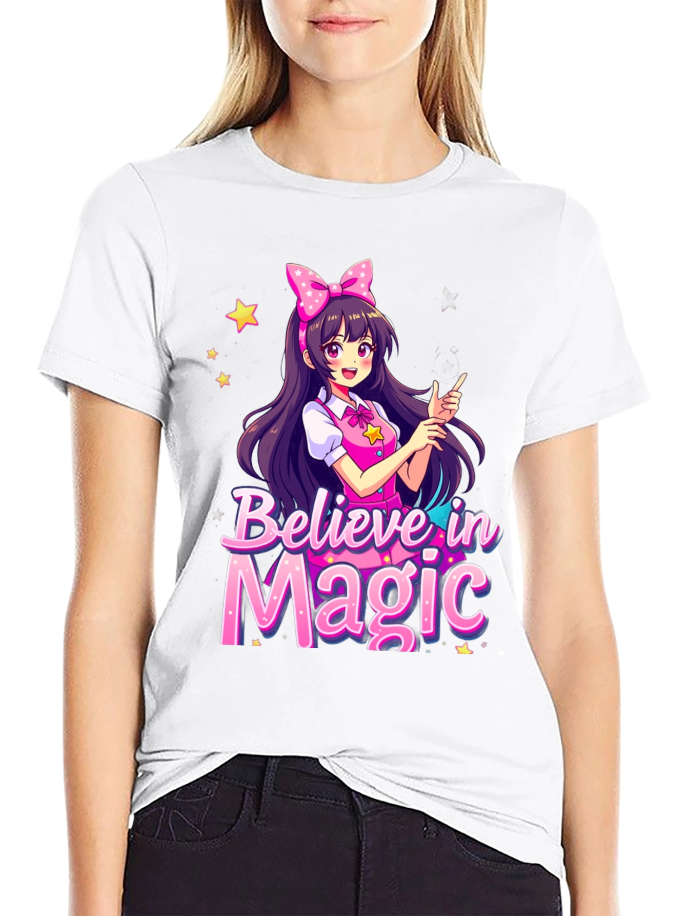 Black Believe in Magic Anime Girl Graphic T-Shirt view 9