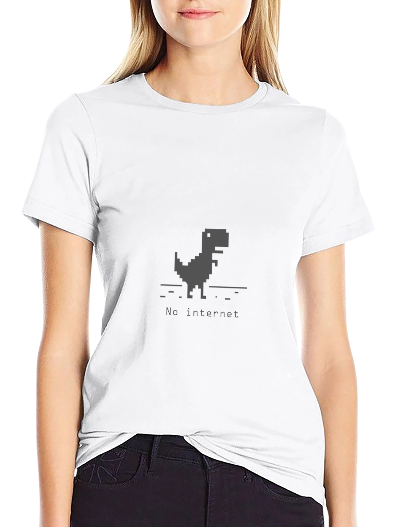 Black No Internet Dinosaur Black T-Shirt view 9