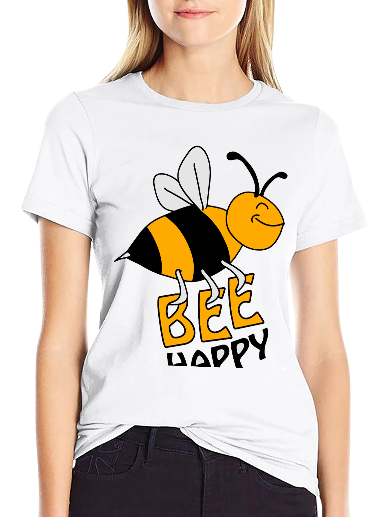 Black Bee Happy Graphic Tee - Black Cotton T-Shirt view 9