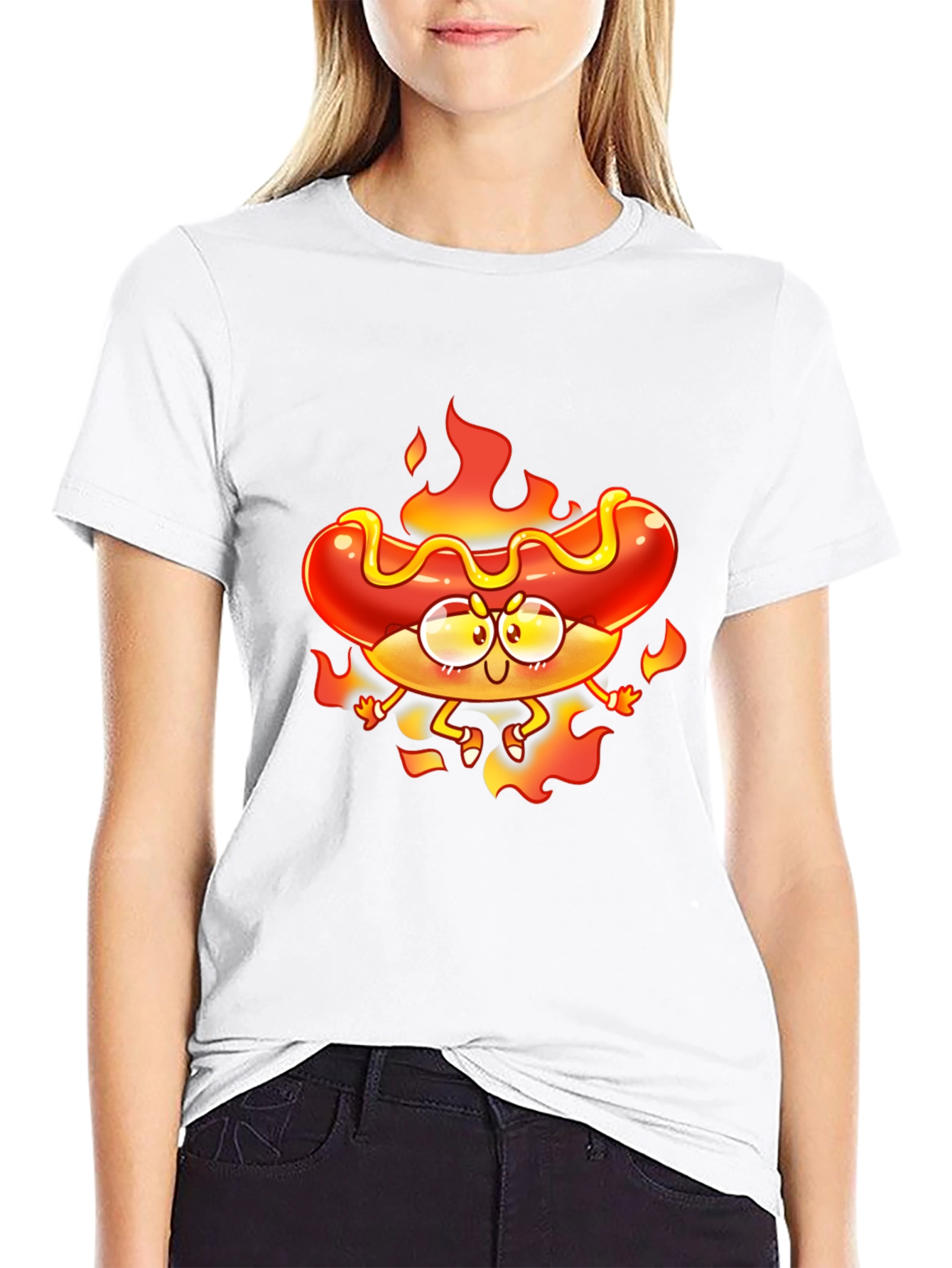 Black Flaming Hotdog Cartoon Graphic T-Shirt view 9