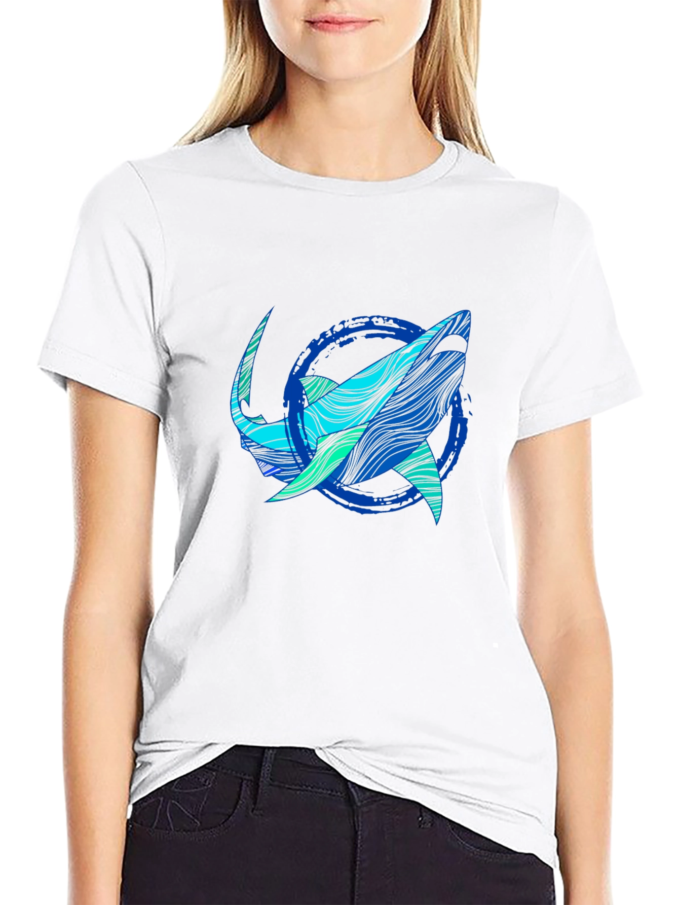 Black Shark Graphic Print Tee - Stylish Blue Wave Design view 9