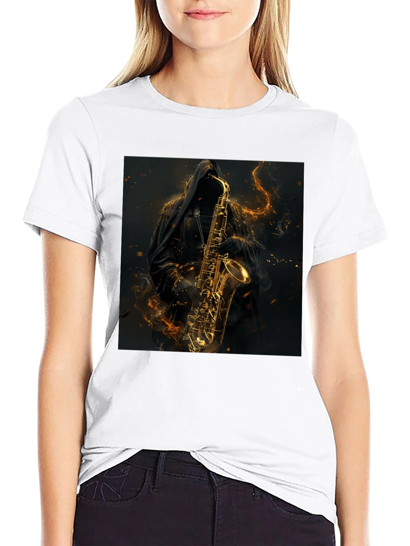 Black Saxophone Reaper Graphic Black T-Shirt view 9