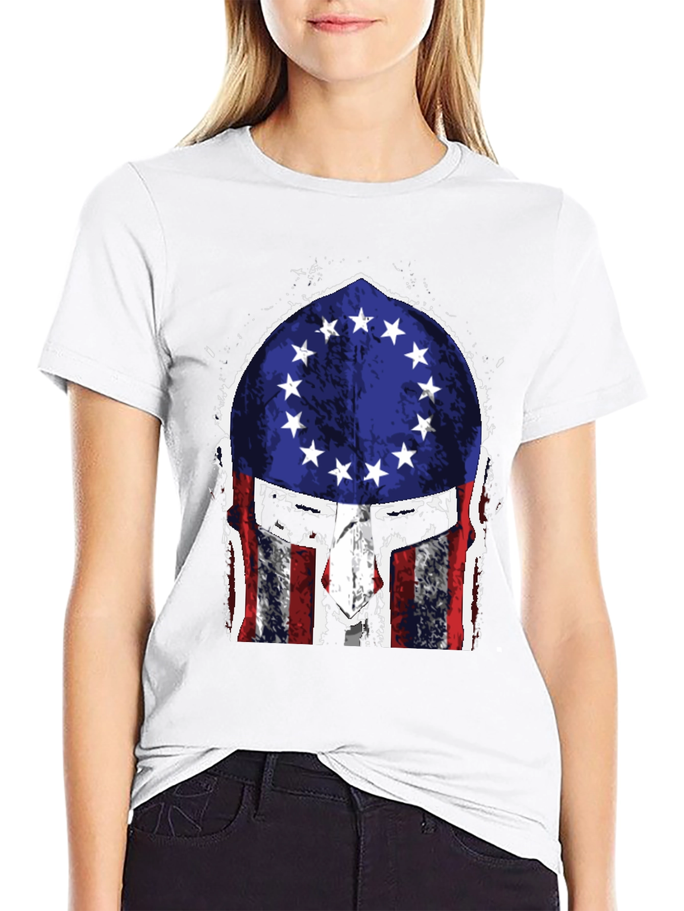 Black American Flag Spartan Helmet T-Shirt view 9