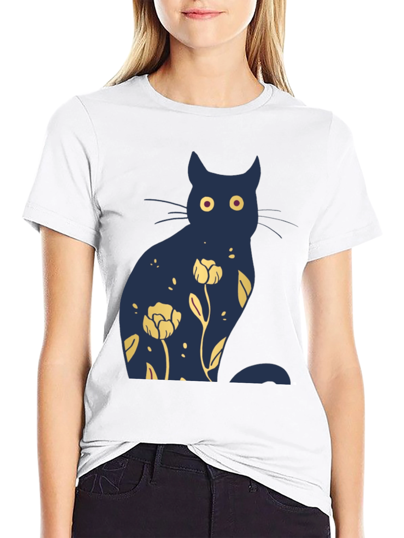 Black Floral Cat Graphic Tee - Unique Design view 9