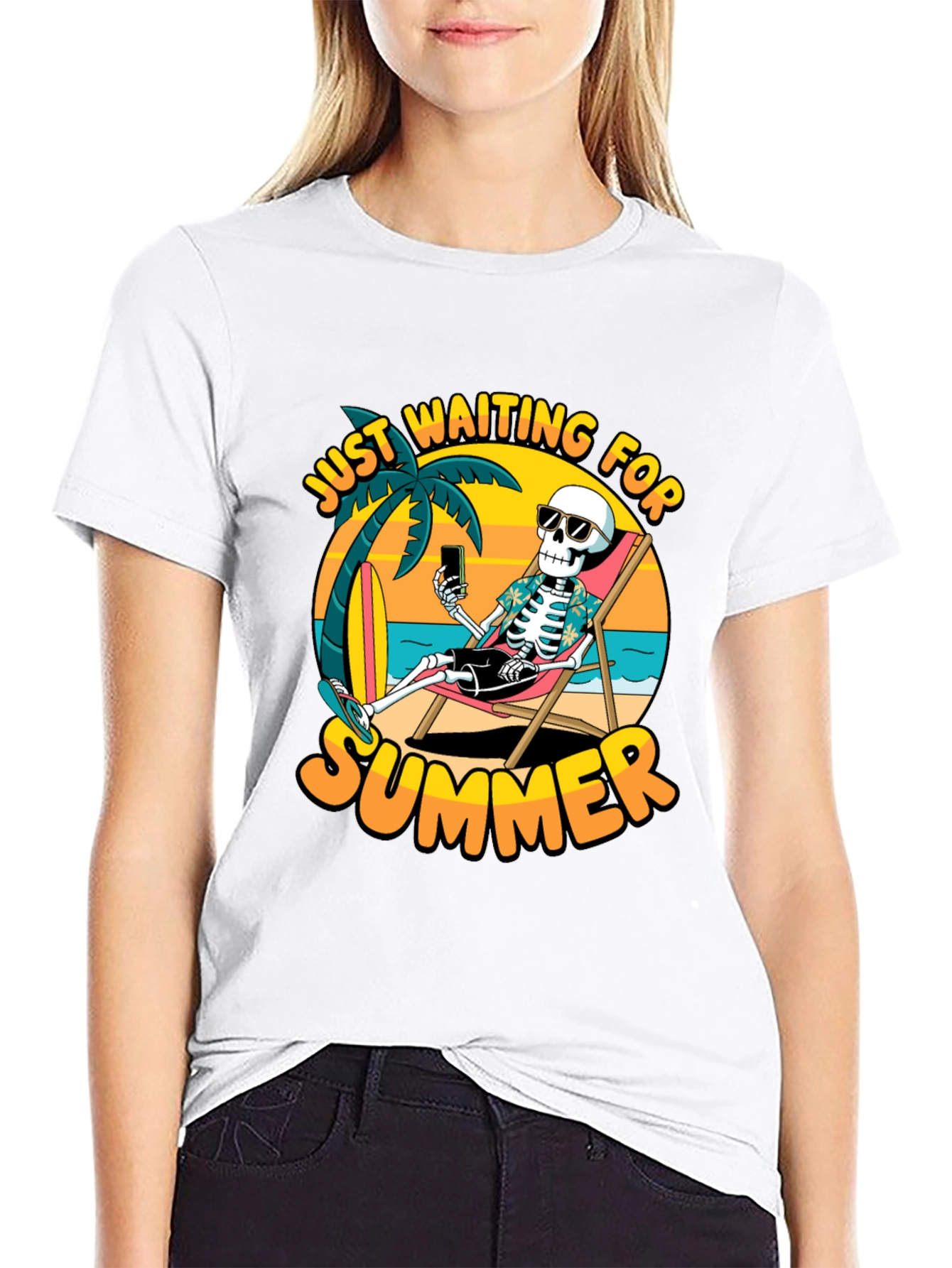 Black Just Waiting For Summer T-Shirt - Skeleton Beach Design view 9