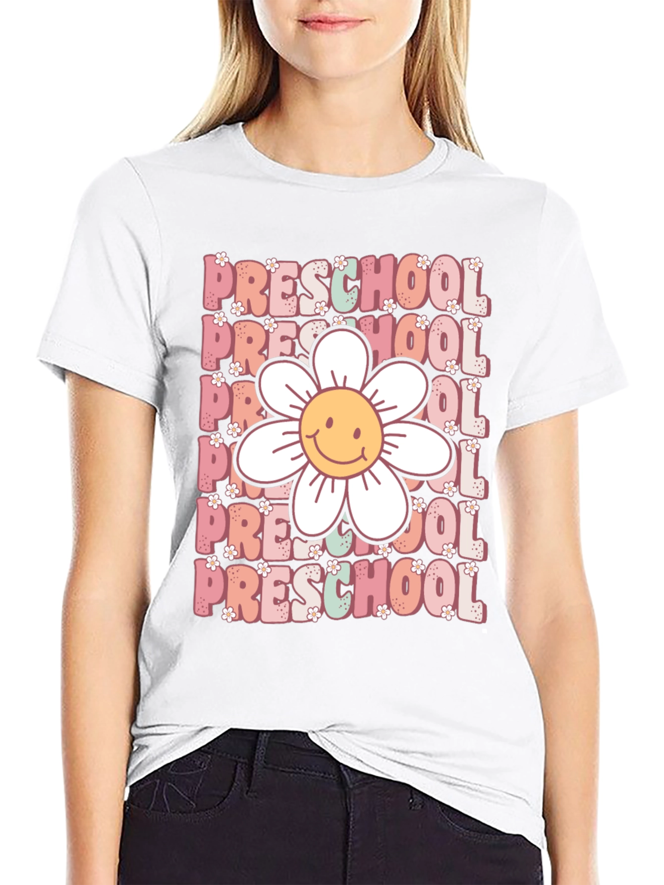 Black Preschool Teacher T-Shirt - Floral Graphic view 9