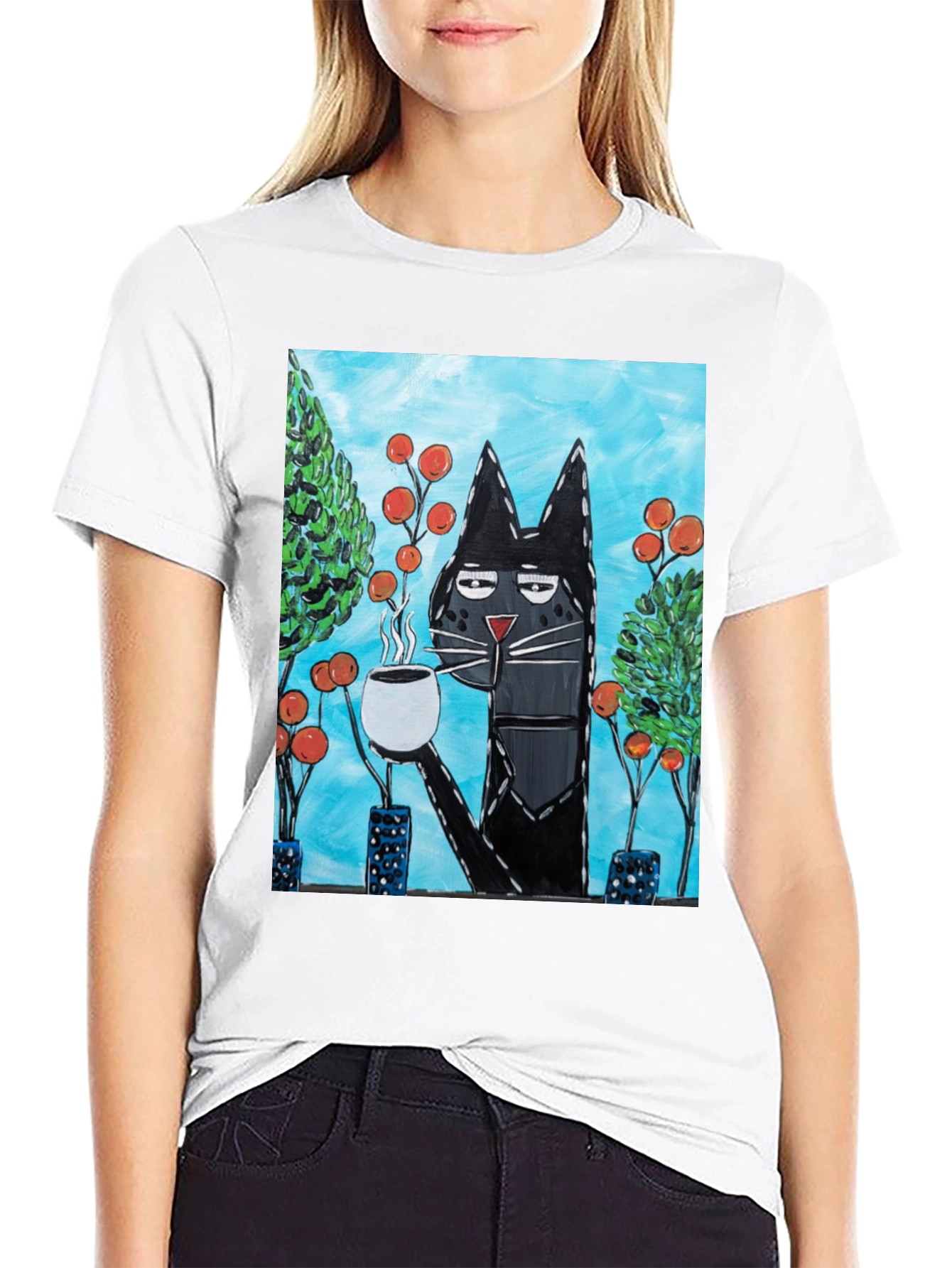 Black Cool Cat Sipping Coffee T-Shirt view 9