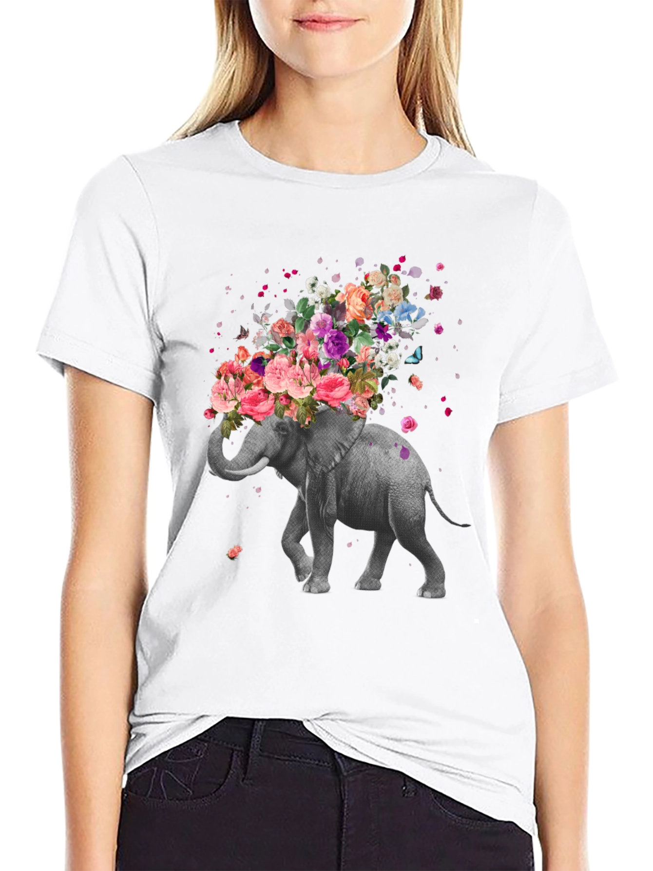 Black Floral Elephant T-Shirt - Unique Graphic Tee view 9