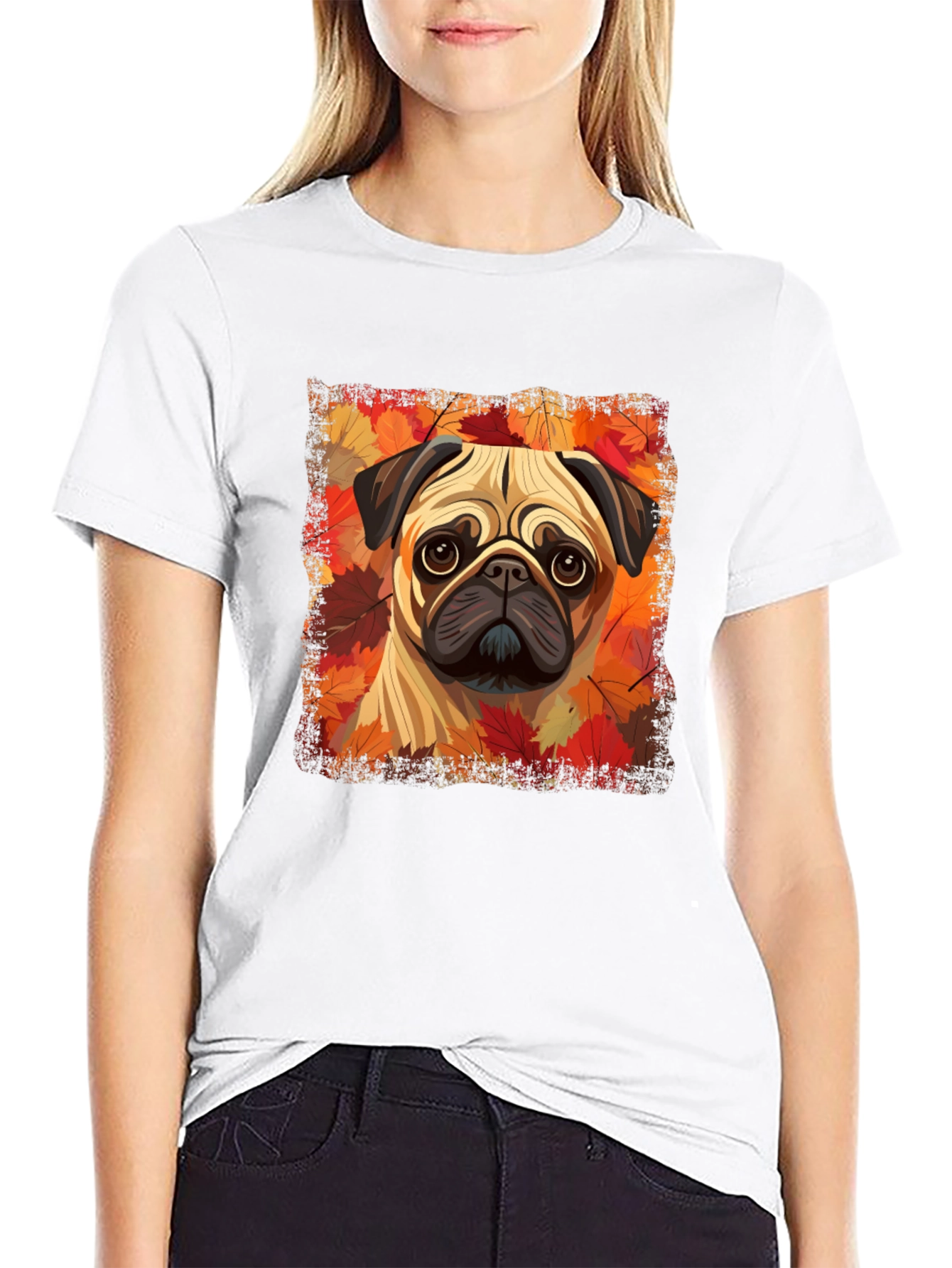 Black Pug in Autumn Leaves Graphic T-Shirt view 9