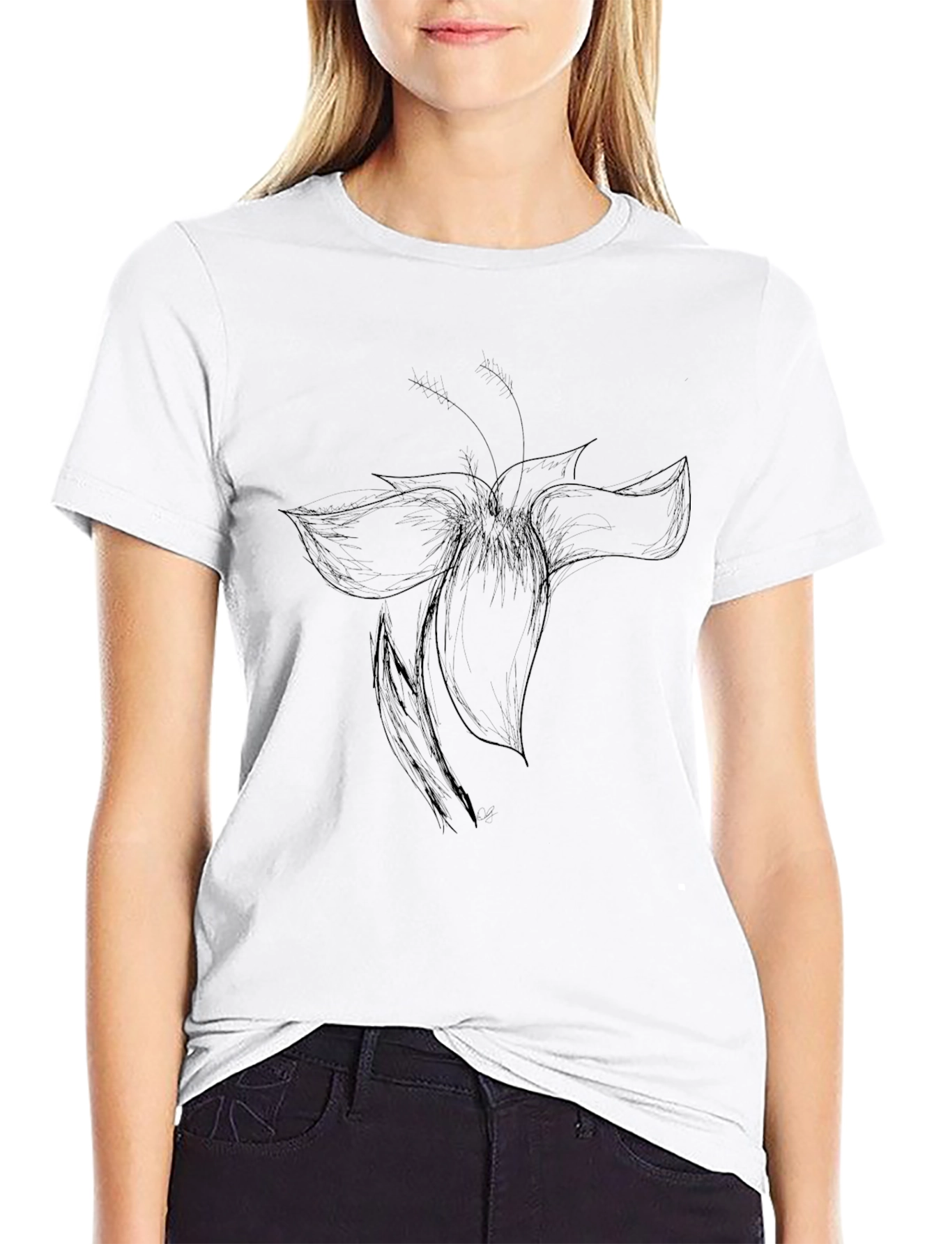 Black Black T-Shirt with Flower Sketch view 9