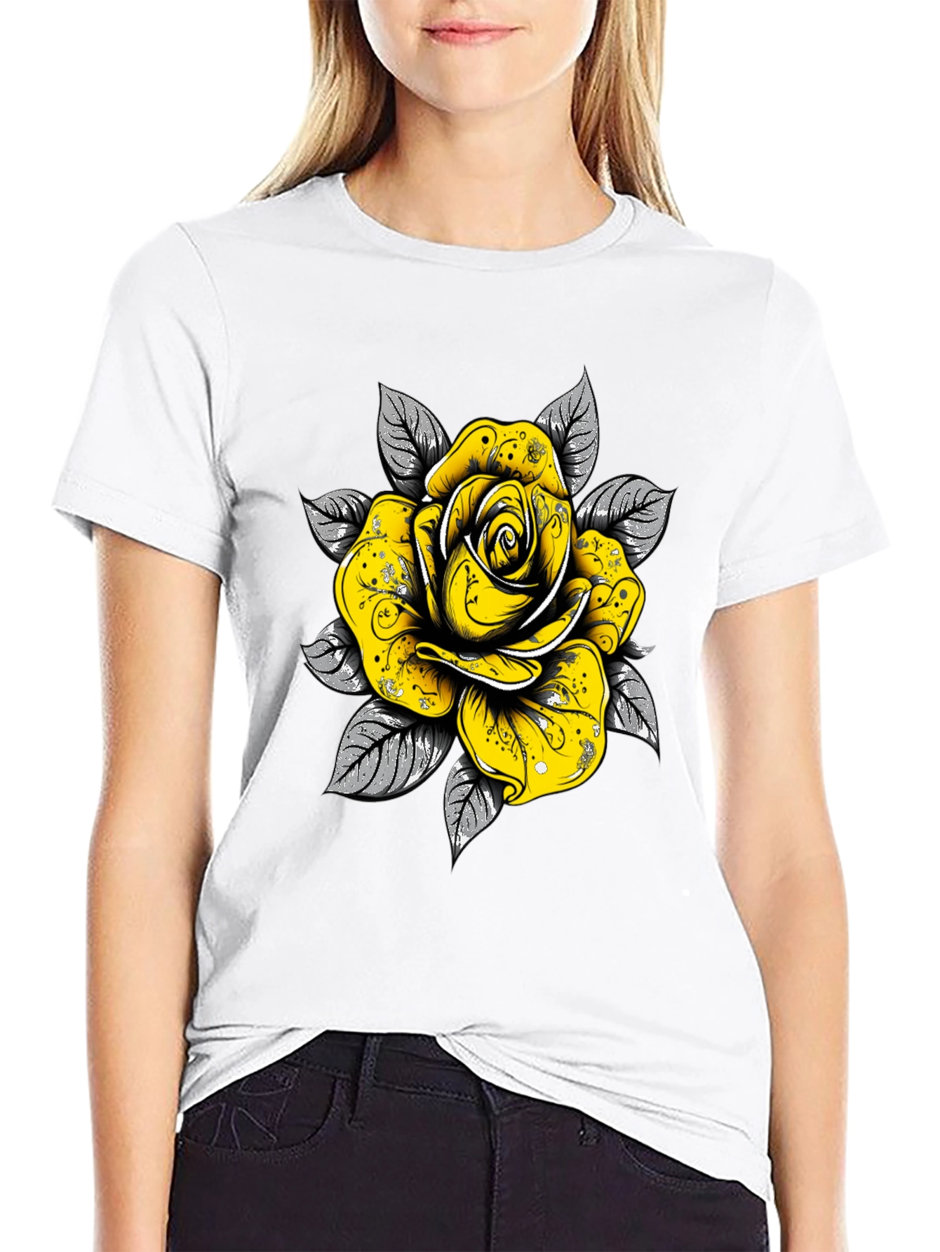 Black Rose Graphic Tee - Sleek Black Cotton T-Shirt view 9