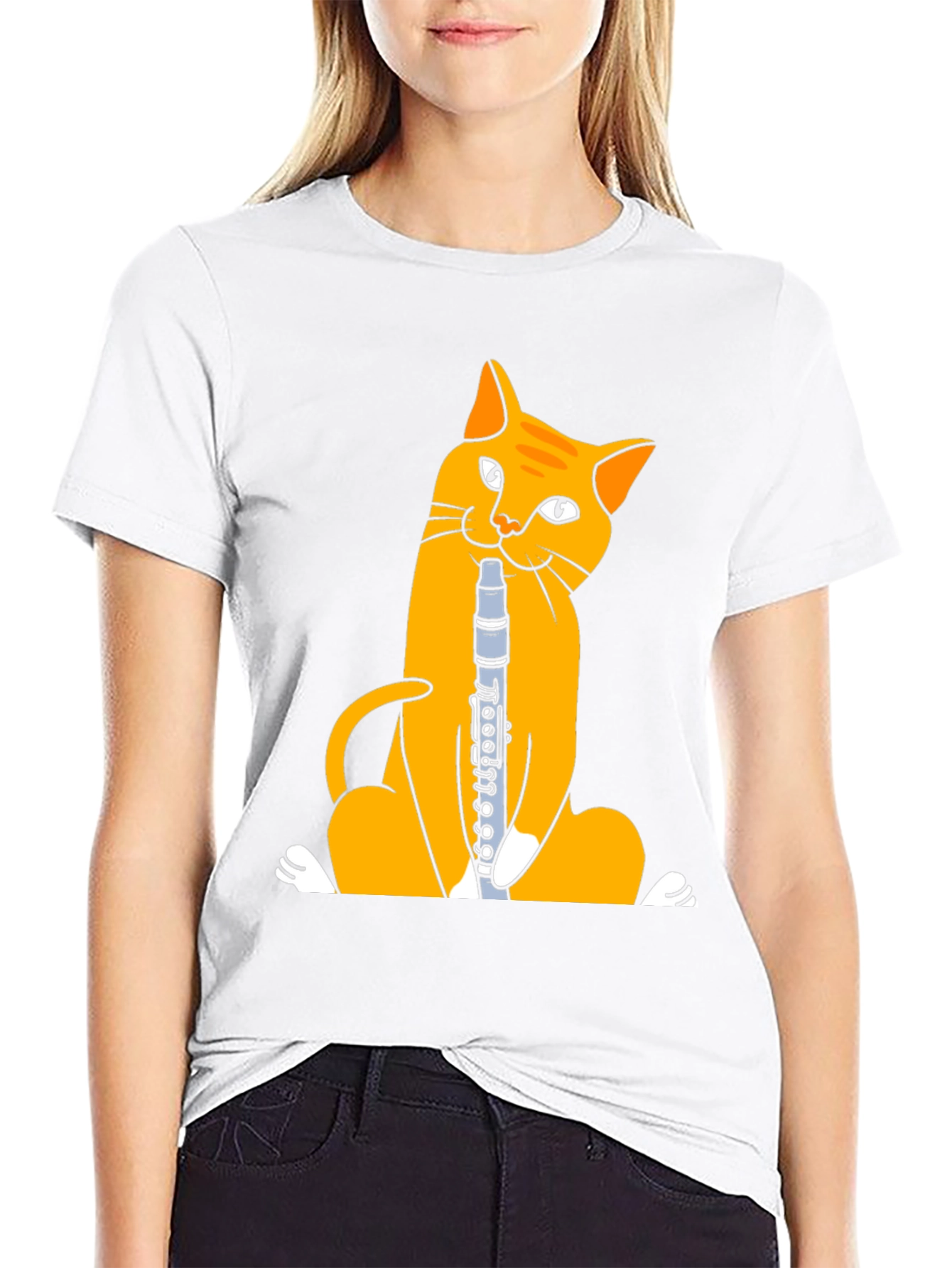 Black Cat Playing Clarinet T-Shirt - Black Cotton Tee view 9