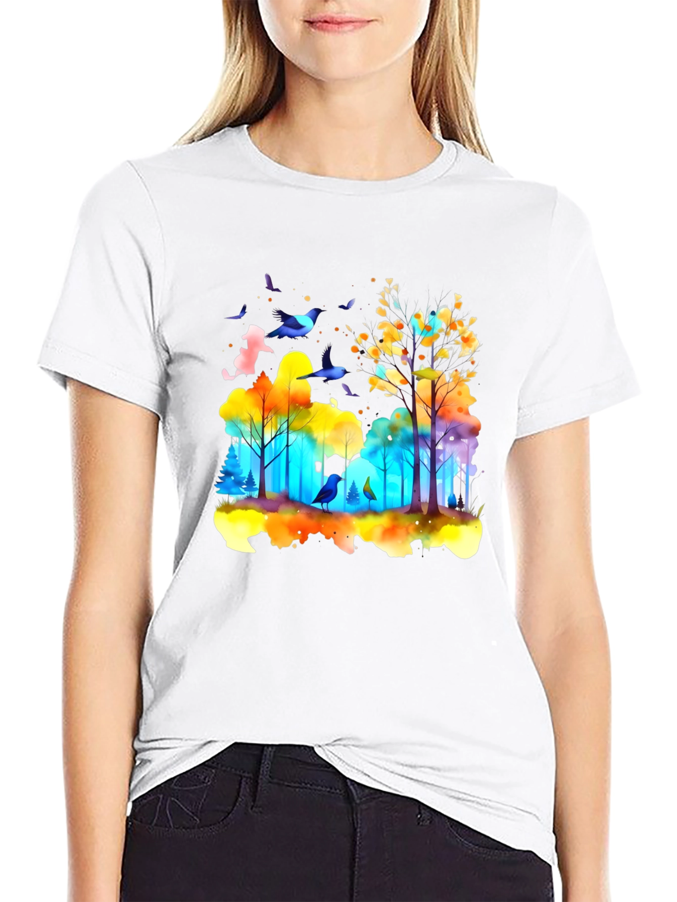 Black Watercolor Forest Birds T-Shirt view 9