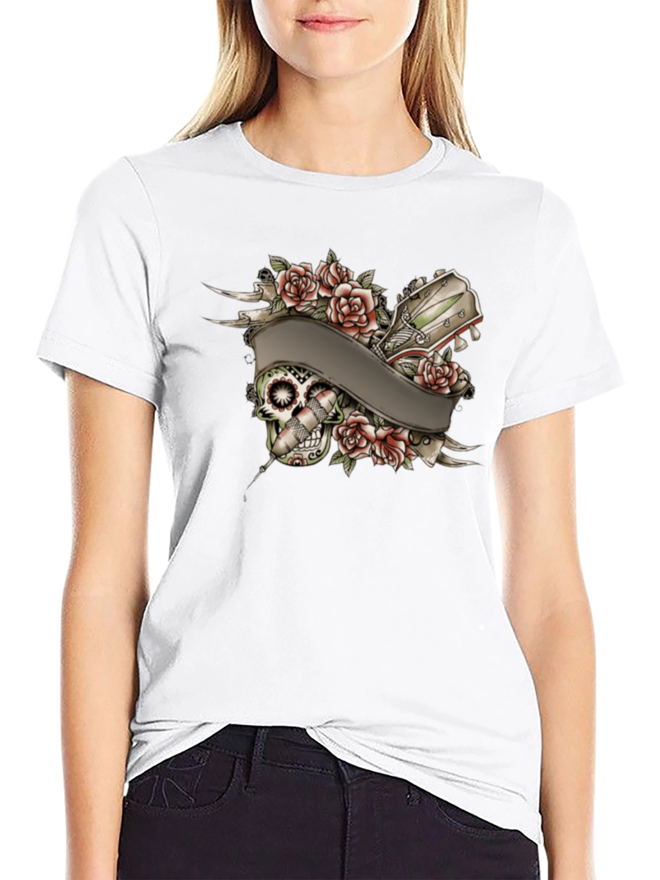 Black Skull Roses Tattoo Style Graphic Tee view 9