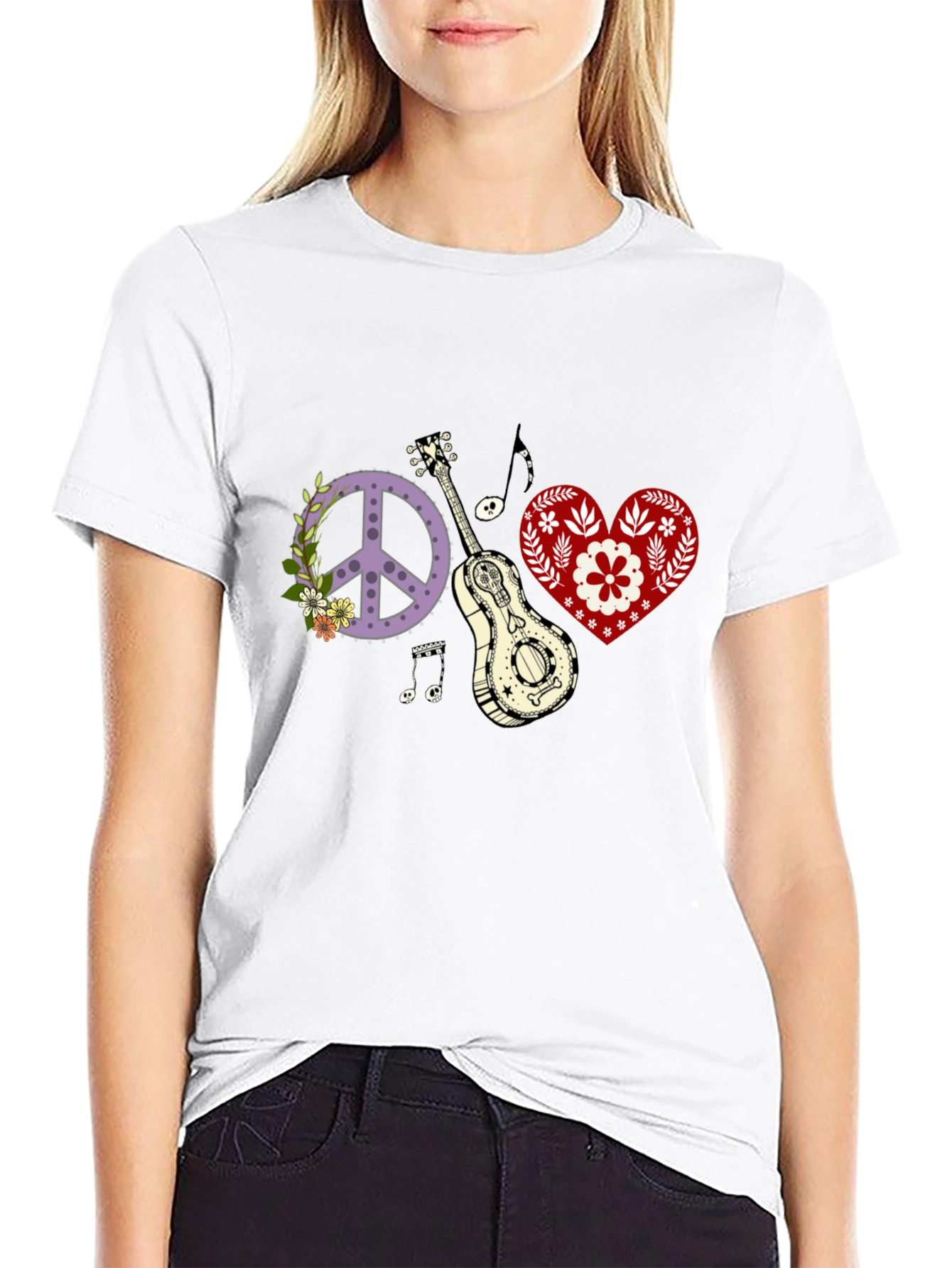 Black Peace, Love & Music T-Shirt - Black Cotton Tee view 9