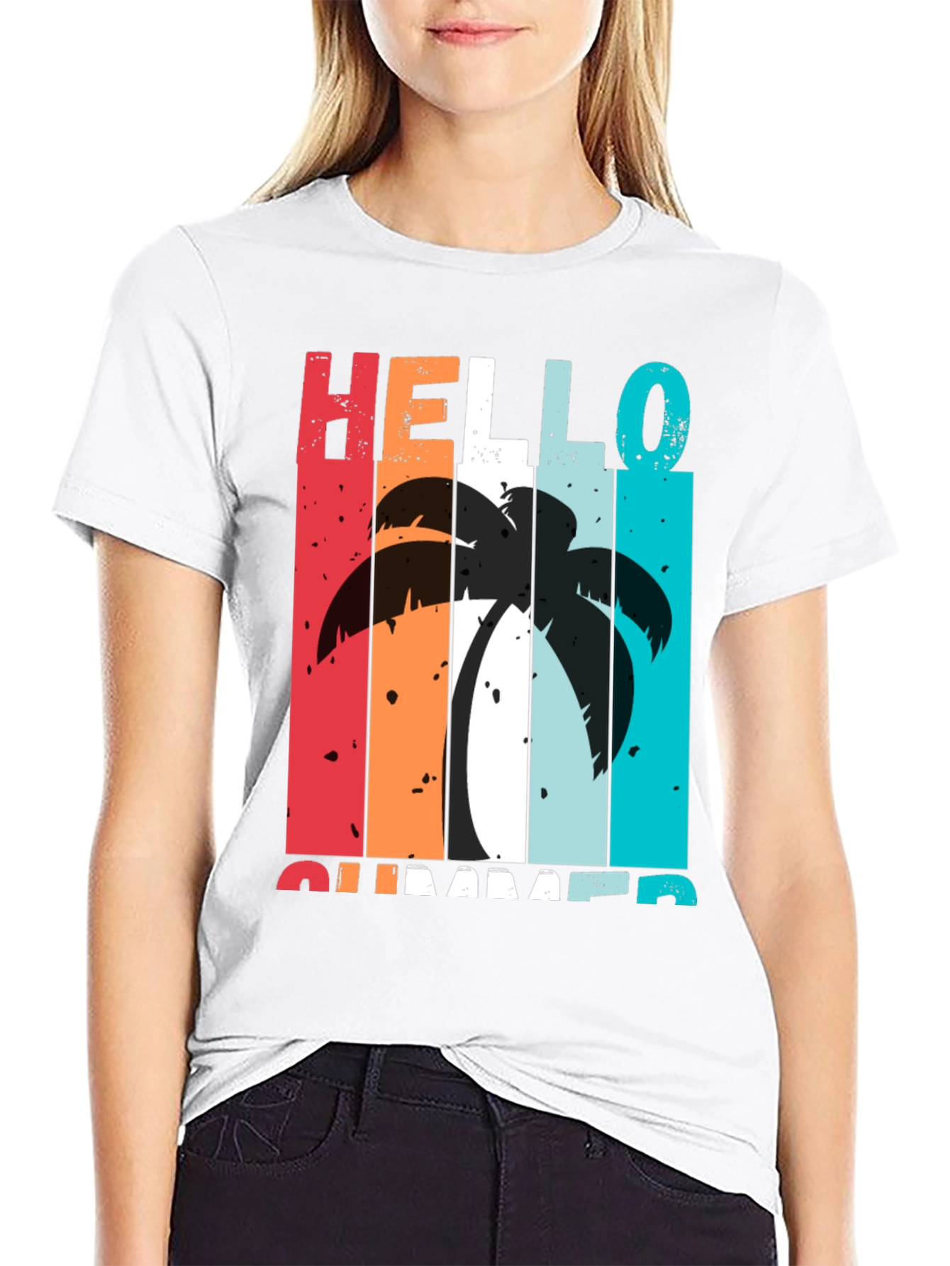 Black Hello Summer Palm Tree Graphic Tee view 9