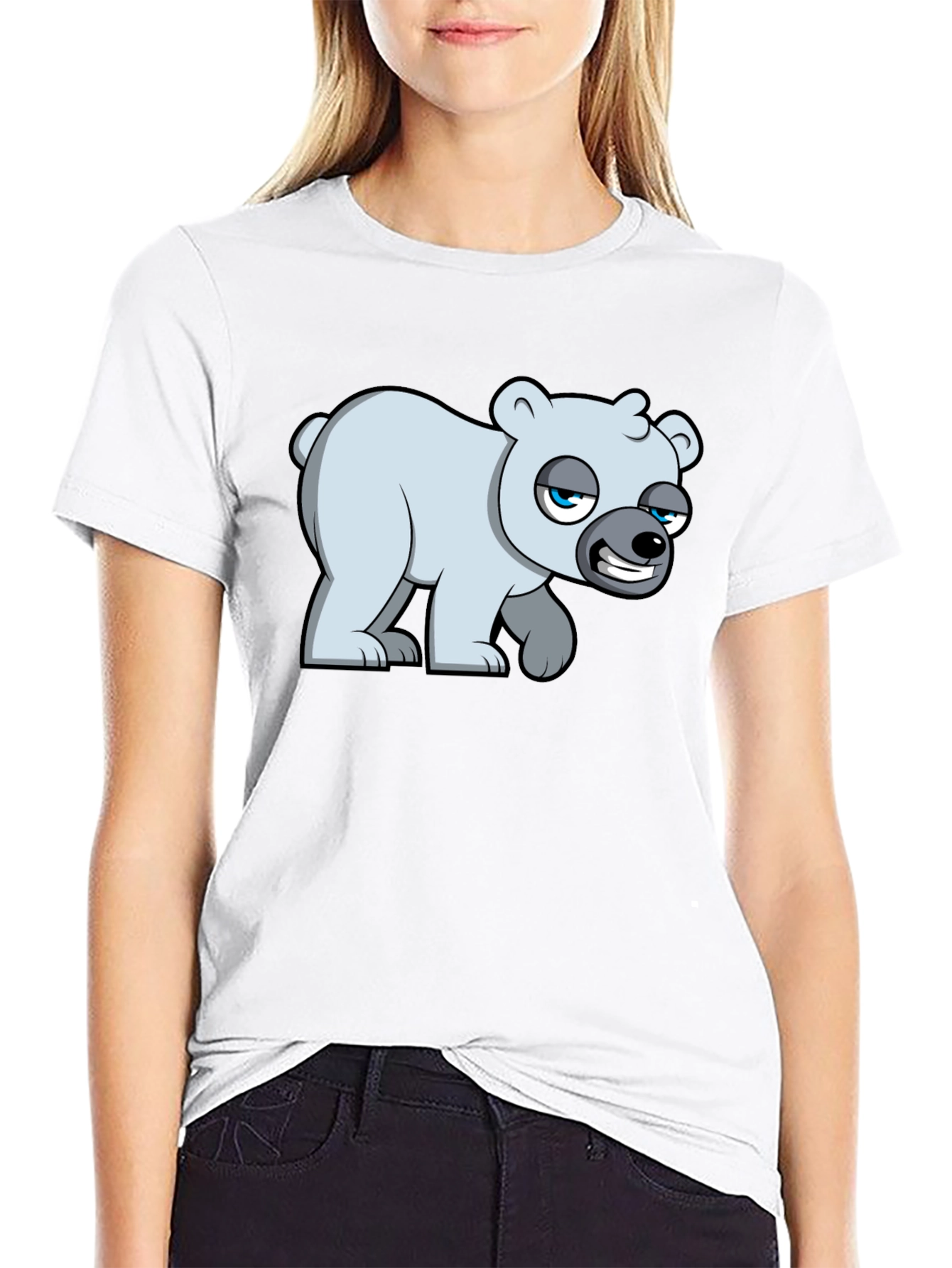 Black Cartoon Polar Bear Graphic T-Shirt - Black Cotton Blend view 9