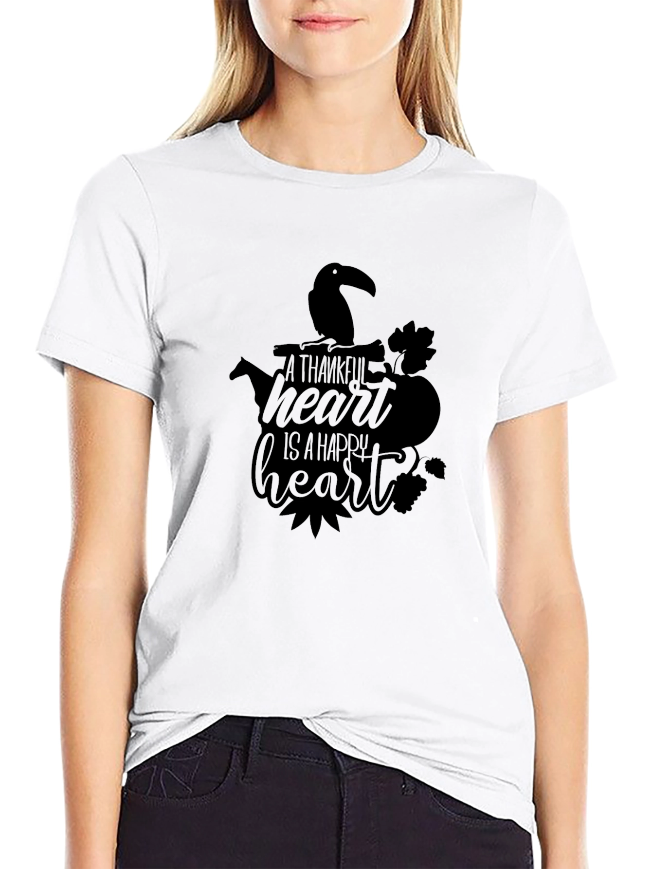Black Thankful Heart T-Shirt - Black Crew Neck Graphic Tee view 9