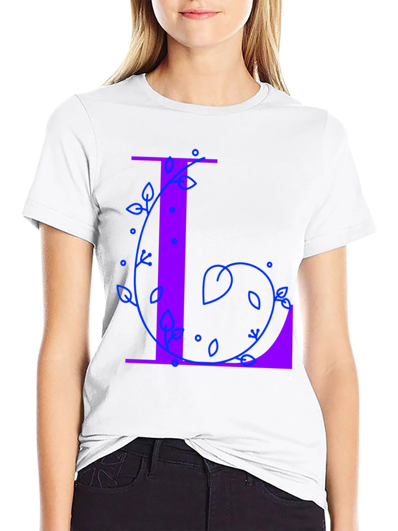 Black Letter L Floral Design T-Shirt - Black view 9