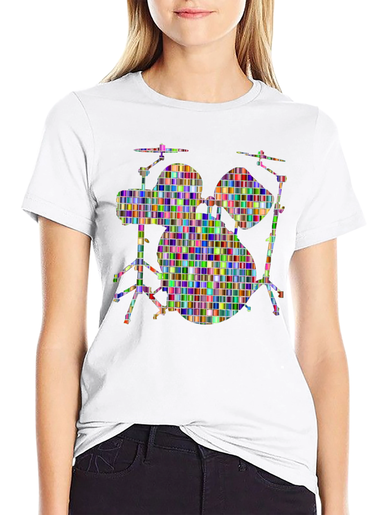 Black Colorful Drum Set Graphic Tee - Black Cotton T-Shirt view 9